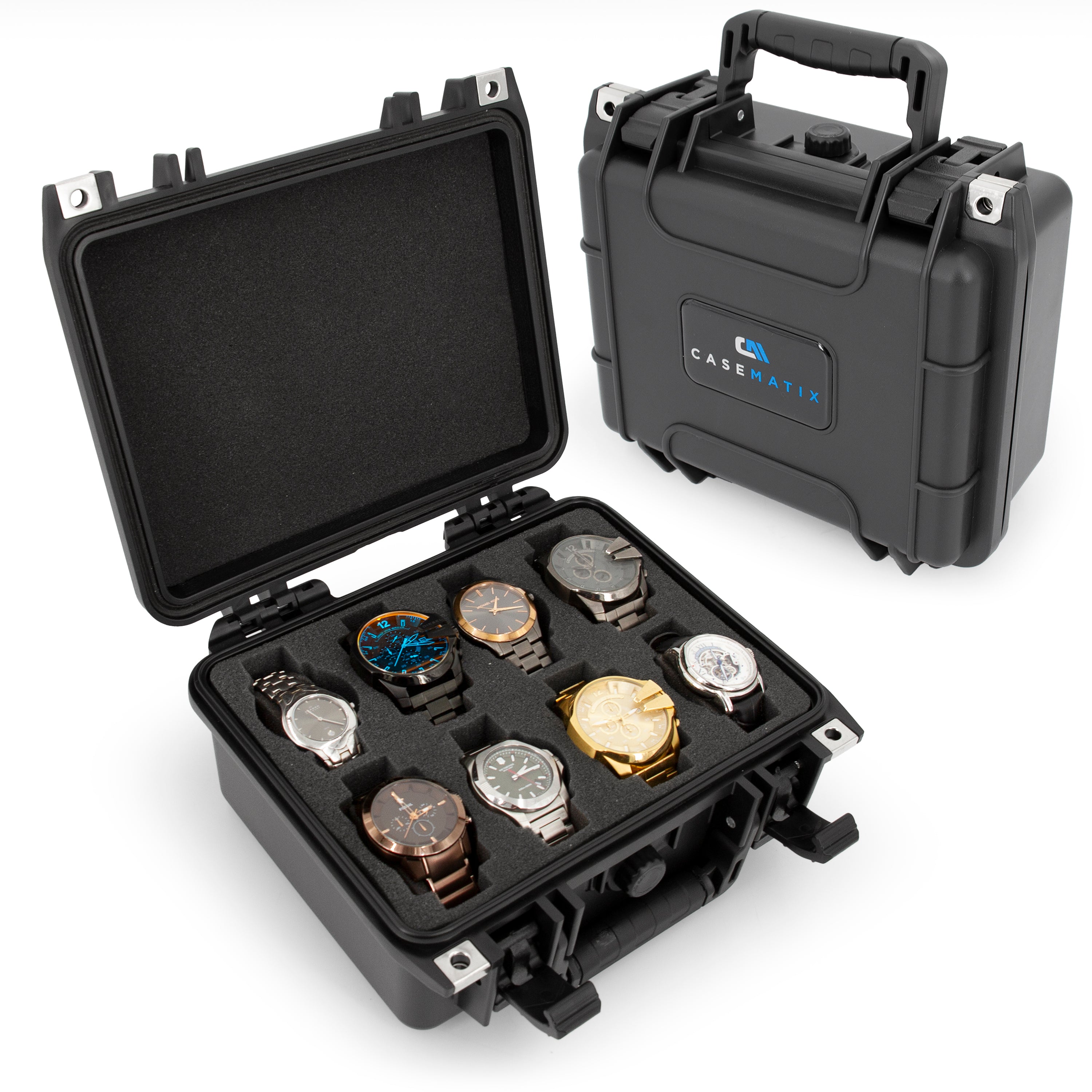CASEMATIX Waterproof Watch Travel Case with 8 Watch Roll Holders - Foam Display Tray Fits 24mm to 56mm Watch Faces - Perfect for Storage, Travel & Watch Collection Organization