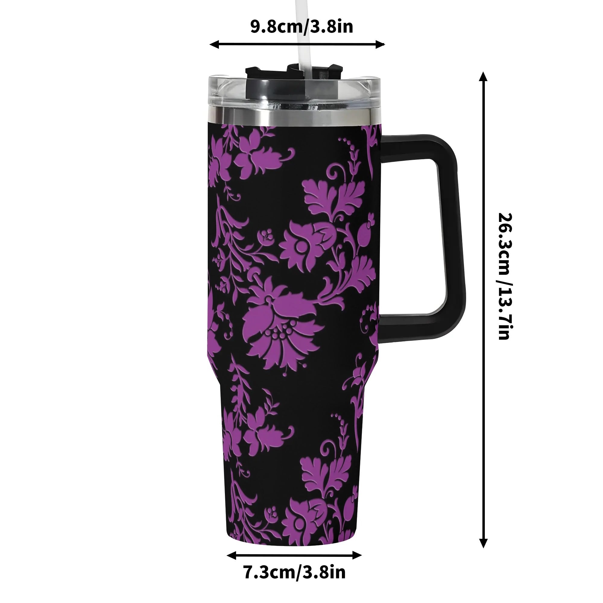 40 Oz Purple Flowers Tumbler with Handle - Insulated Stainless Steel Cup for Hot & Cold Drinks, Perfect for Home, Office, Gym, and Outdoor Activities