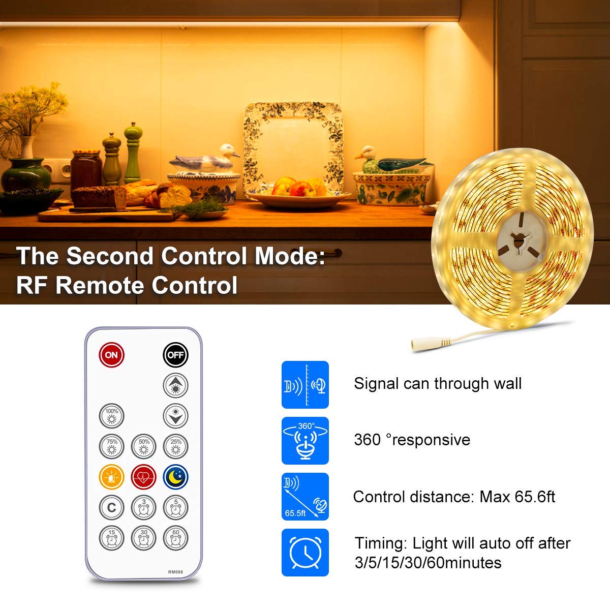 BASON LIGHTING 32.8ft LED Strip Lights - 3000K Warm White Dimmable Under Cabinet Lighting with RF Remote, SMD 2835 12V LED Rope Light for Kitchen, Bedroom, Bookshelf - Waterproof & Easy Installation for Home Decor, Accent Lighting, and DIY Projects