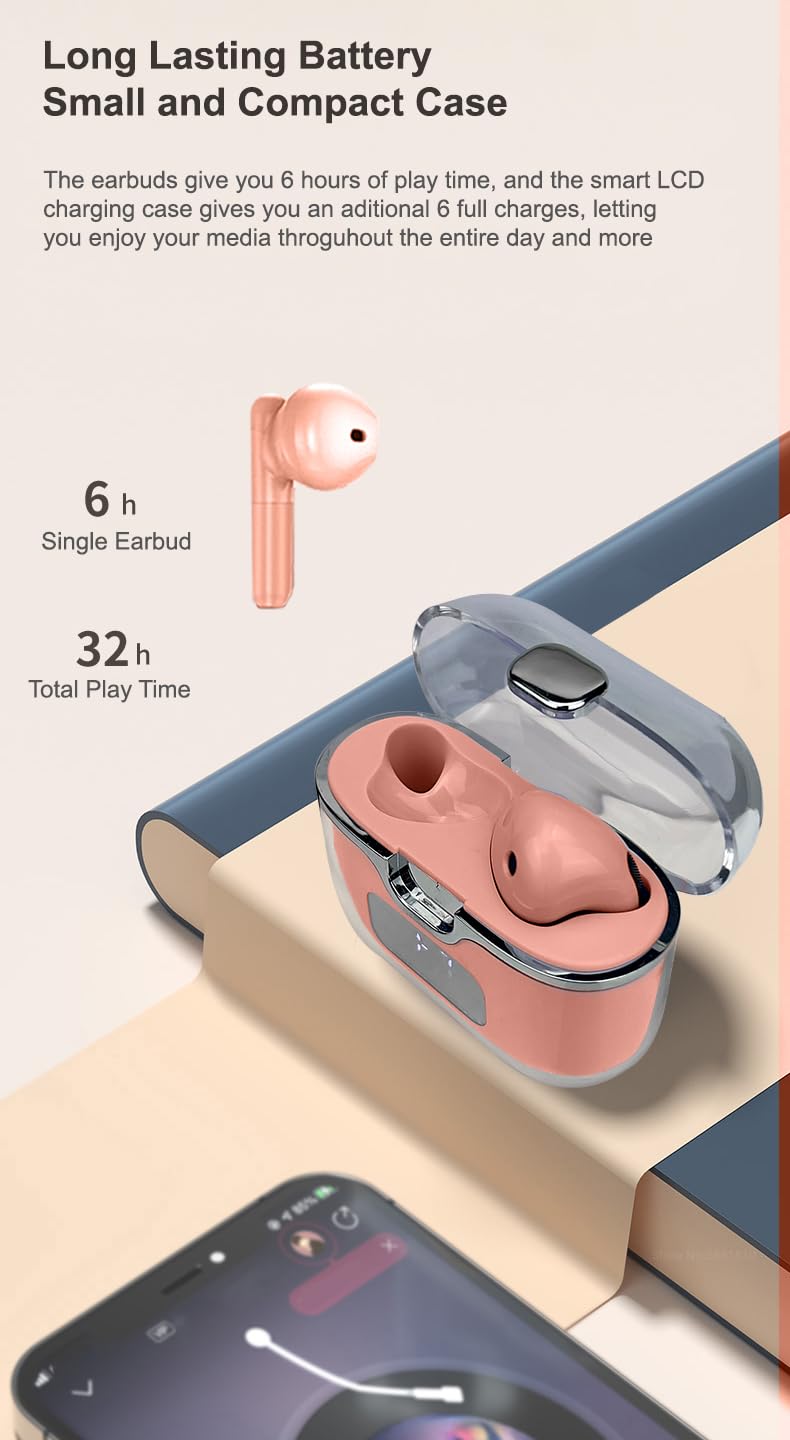 Acuvar Wireless Bluetooth 5.2 Earbuds, IPX7 Waterproof in-Ear Headphones with Built-in Mic, USB-C Rechargeable Case & LCD Display - Compatible with iOS/Android Smartphones (Pink) - Perfect for Gym, Running, Travel & Daily Commute