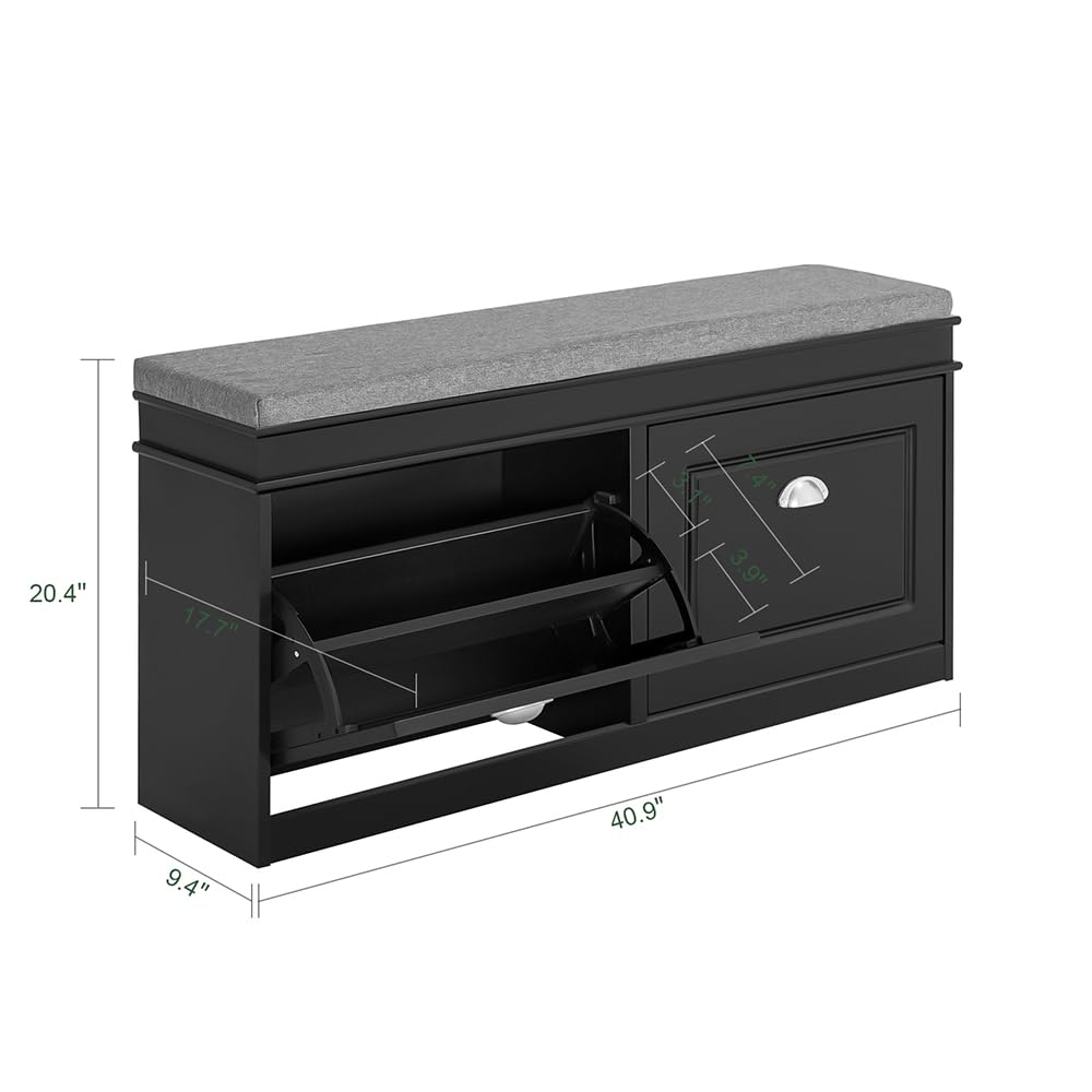 SoBuy Black Storage Shoe Bench with 2 Flip Drawers - Hidden Shoe Cabinet & Free Standing Shoe Rack - Hallway Entryway Storage Bench with Seat Cushion (FSR64-SCH) - Perfect for Small Spaces, Mudrooms & Closet Organization