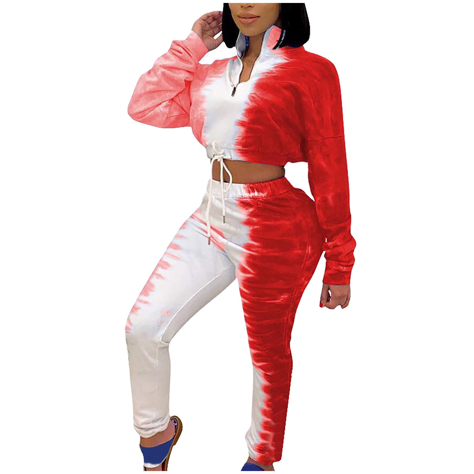 Women's Tie-Dye Print Stand Collar Sweatshirt & Pants Two-Piece Matching Set - Trendy Casual Outfit for Daily Wear, Work & Social Events