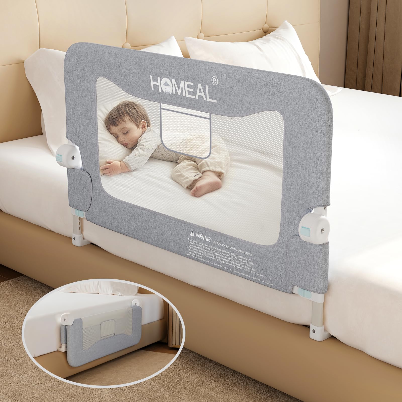 Foldable 32in Toddler Bed Rail with U-Shape Base - Safety Bed Guard for Twin, Full, Queen & King Size Beds - HOMEAL Baby Bed Rail for Toddlers (Grey) - Perfect for Nighttime Safety and Preventing Falls