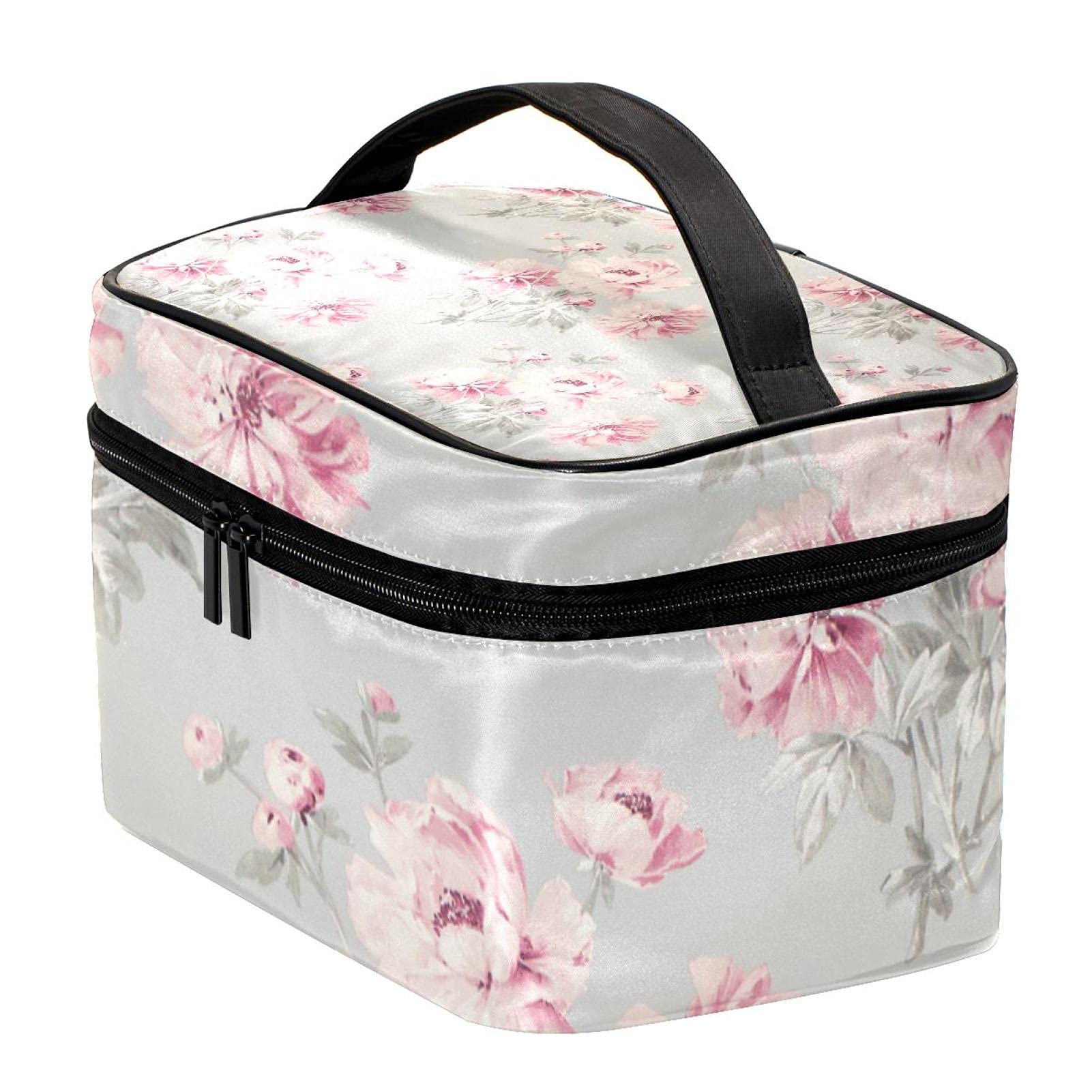 **Pink Floral Print Large Travel Makeup Bag for Women – Waterproof Cosmetic Organizer with Zipper, Perfect for Toiletries, Travel, Gym & Daily Use**