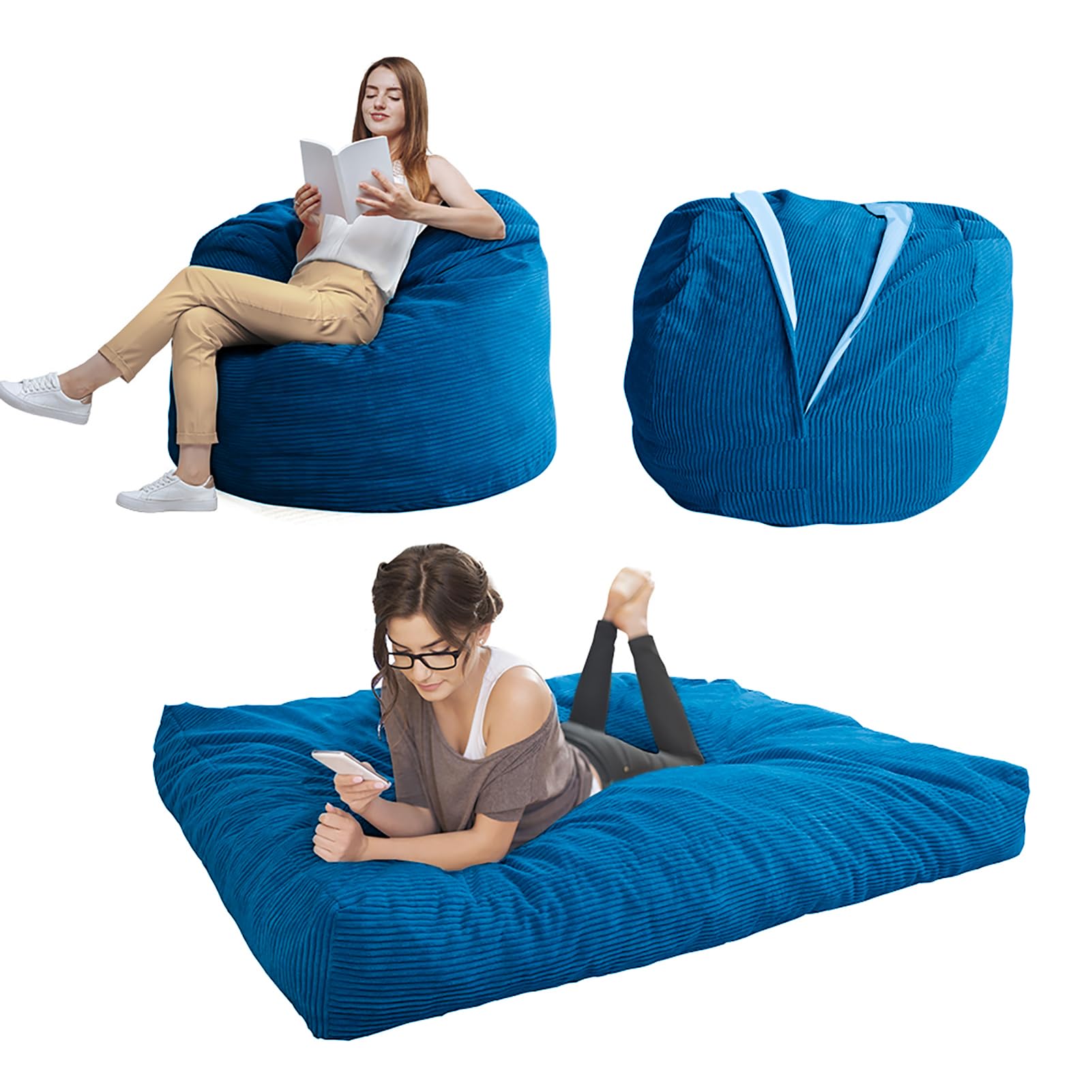 MAXYOYO Oversized Bean Bag Chair for Adults - Convertible to Floor Mattress Bed, Blue - Extra Large Comfortable Lounge Chair for Living Room, Bedroom, Dorm & Game Room