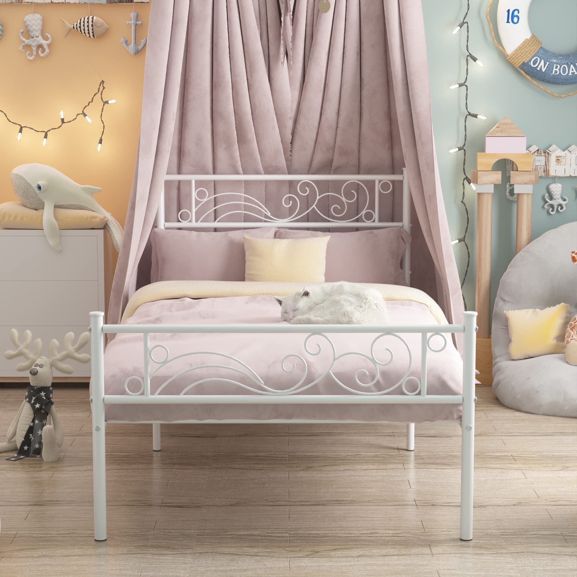 Weehom Twin Size Platform Bed Frame with Floral Design - Sturdy Metal Slats Support, Easy Assembly No Box Spring Needed - White - Perfect for Kids Rooms, Guest Bedrooms & Small Spaces