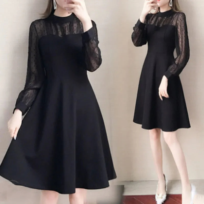 Elegant Black Lace Vintage Dress for Women - Floral Dot Long Sleeve Mini Party Dress with O-Neck - Perfect for Evening Events, Spring Fashion & Special Occasions