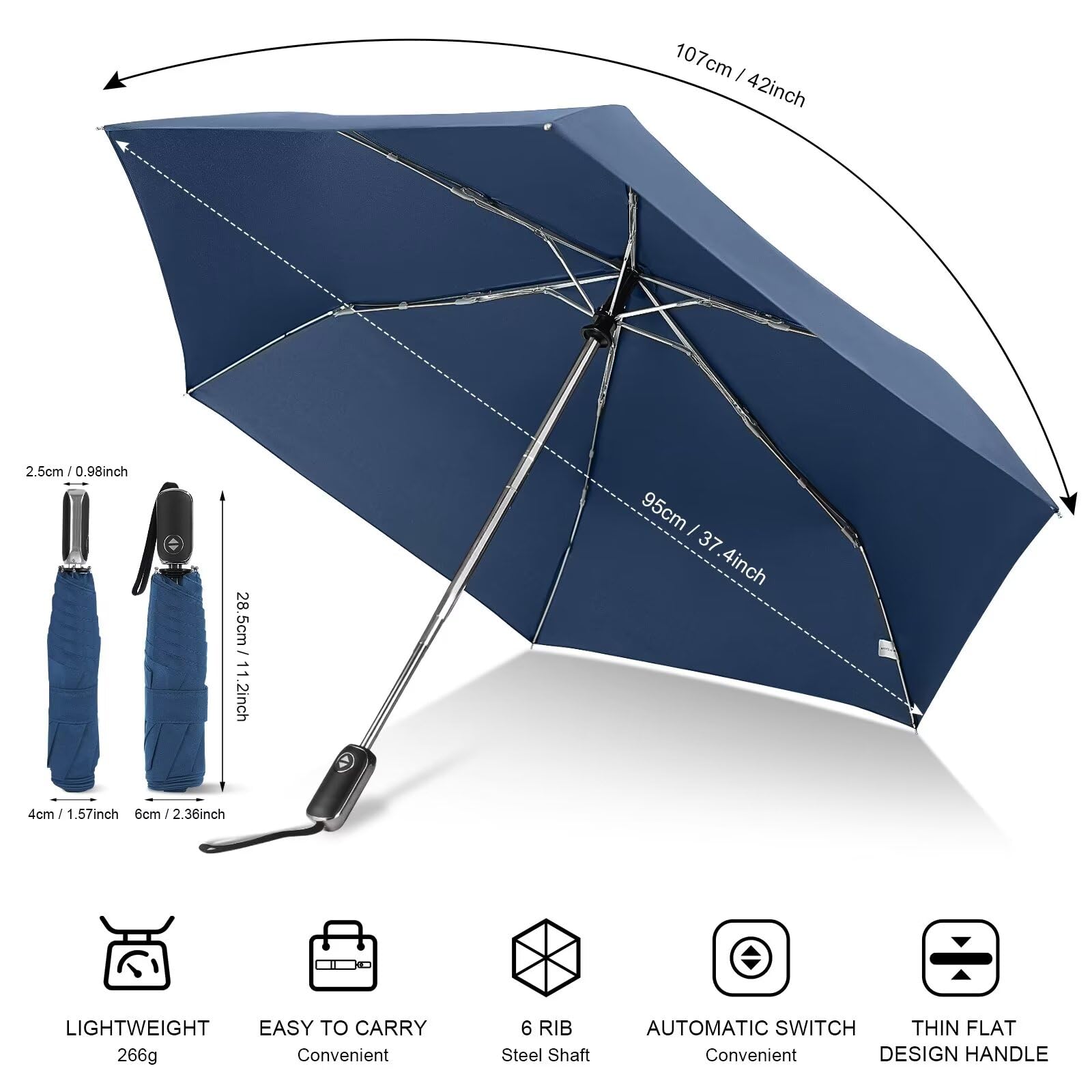 LEAGERA Automatic Compact Travel Umbrella - Portable Collapsible Mini Pocket Umbrella for Backpack, Rain Protection - Ultralight Dark Blue Umbrellas (2 Pack) - Perfect for Commuting, Hiking & Outdoor Activities