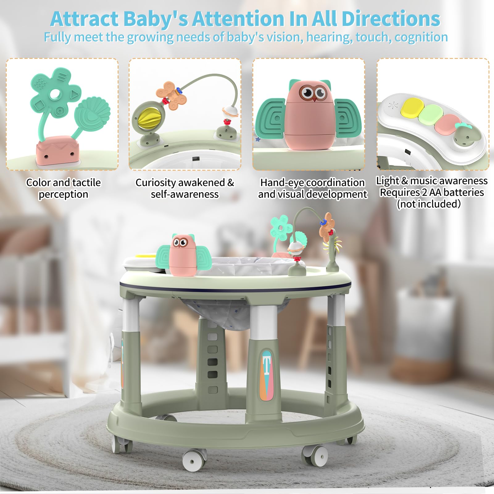 **Adjustable Baby Walker for 6-12 Months - 5 Height Levels, 360° Swivel Seat with Music & Detachable Toys - Safe Activity Center for Boys & Girls (Green) - Perfect for Learning to Walk & Playtime Fun**
