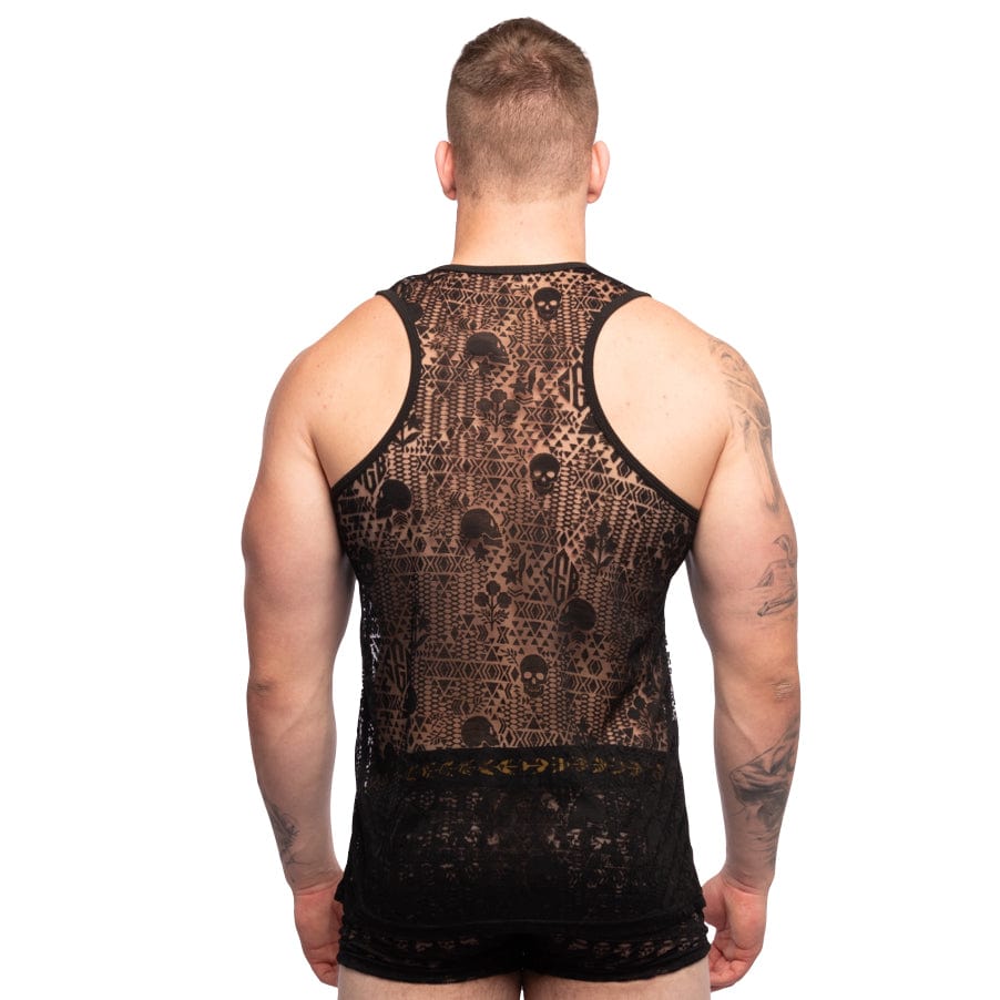 Skull & Bones Burnout Tank Top for Men - Black Graphic Tee for Casual Wear, Street Style & Rock Music Fans