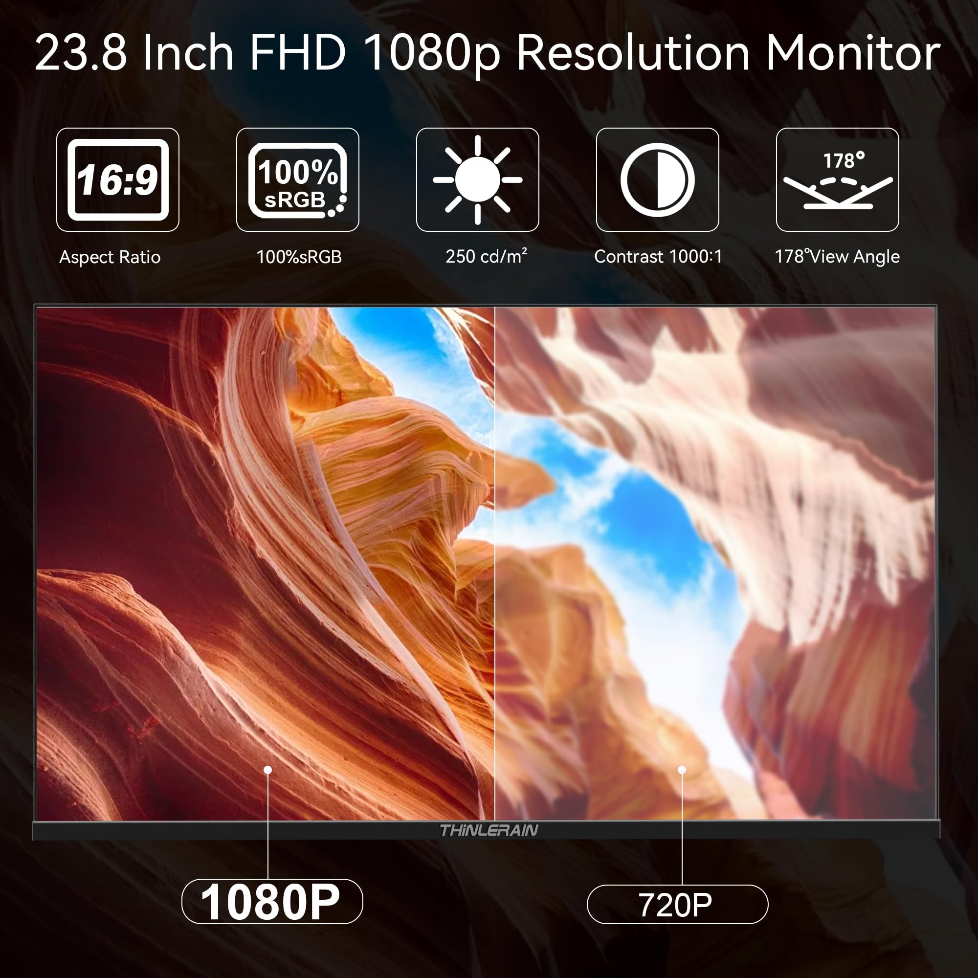 23.8 Inch Frameless Computer Monitor 1920x1080 Full HD Vertical Display with HDMI VGA AV BNC USB Ports, Multi-Function Stand, VESA Mount, Built-in Speakers for Office, Home, Gaming, and Design