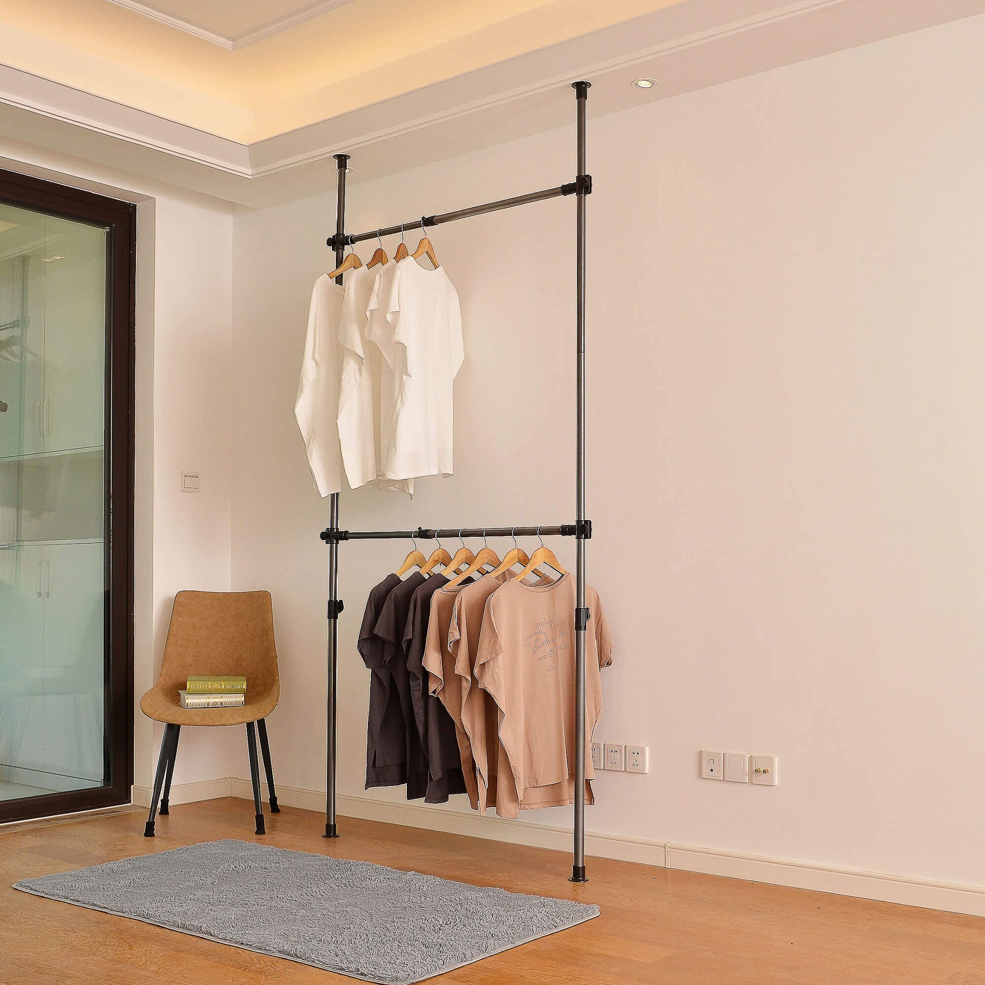 2-Tier Adjustable Clothing Rack - Freestanding Garment Closet Organizer with Telescopic Double Rod (47
