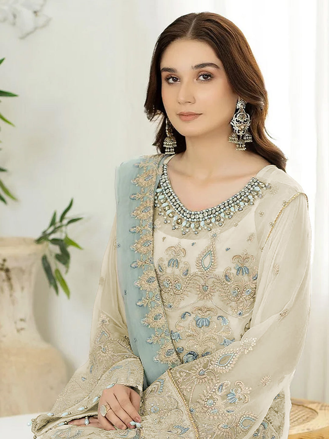 Elegant Beige Designer Heavy Semi Stitched Pant Suit with Multi-Thread Embroidery Handwork for Women | Formal Office Wear & Wedding Guest Outfit