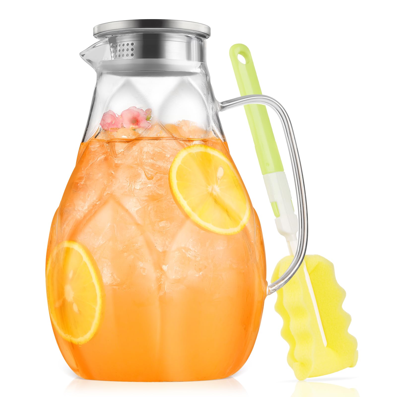 102oz Glass Pitcher with Lid - Stainless Steel Large Iced Tea Pitcher with Unique Petal Design - Lightweight Borosilicate Glass for Hot & Cold Drinks - Perfect for Iced Tea, Lemonade, Cocktails & Party Serving