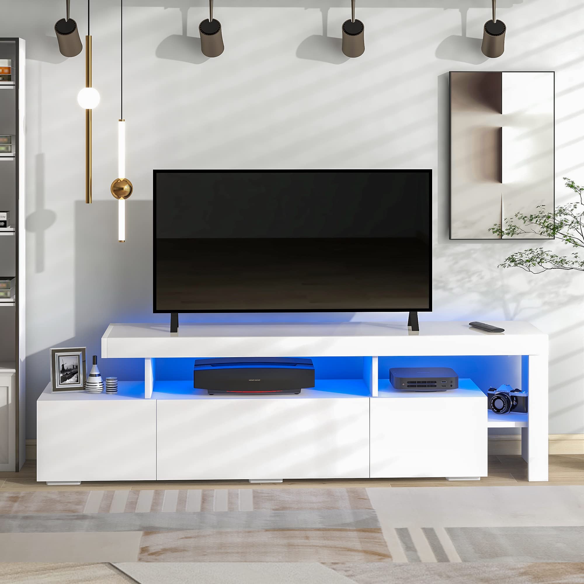 Modern 16-Color LED TV Stand with UV High Gloss Finish & DVD Storage Shelf - Fits Up to 70 Inch TVs (White Particle Board) - Perfect for Living Room Entertainment Centers & Home Theater Setups