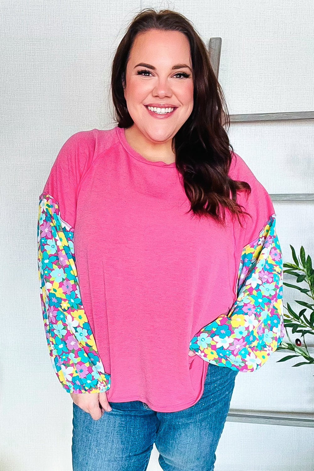 Pink & Floral Bubble Sleeve French Terry Pullover Sweatshirt for Women - Cozy Oversized Loungewear for Casual Outings & Coffee Dates