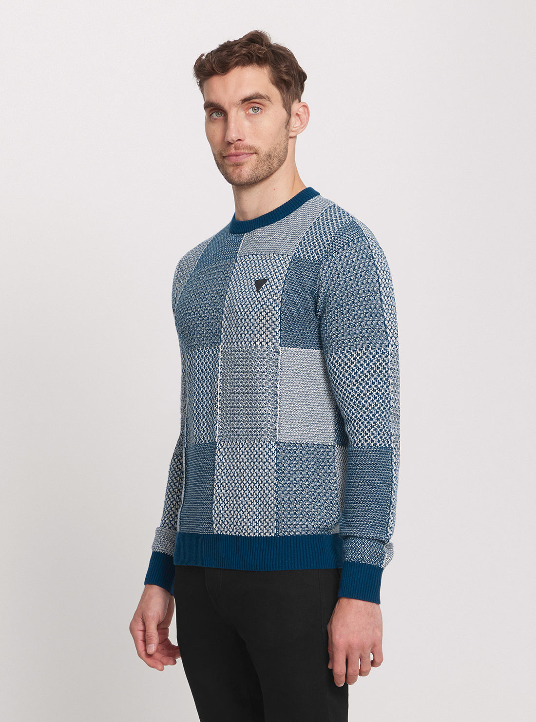 Eco-Friendly Blue Patchwork Knit Jumper for Women - Cozy Casual Sweater for Fall & Winter - Perfect for Office, Travel and Weekend Outings