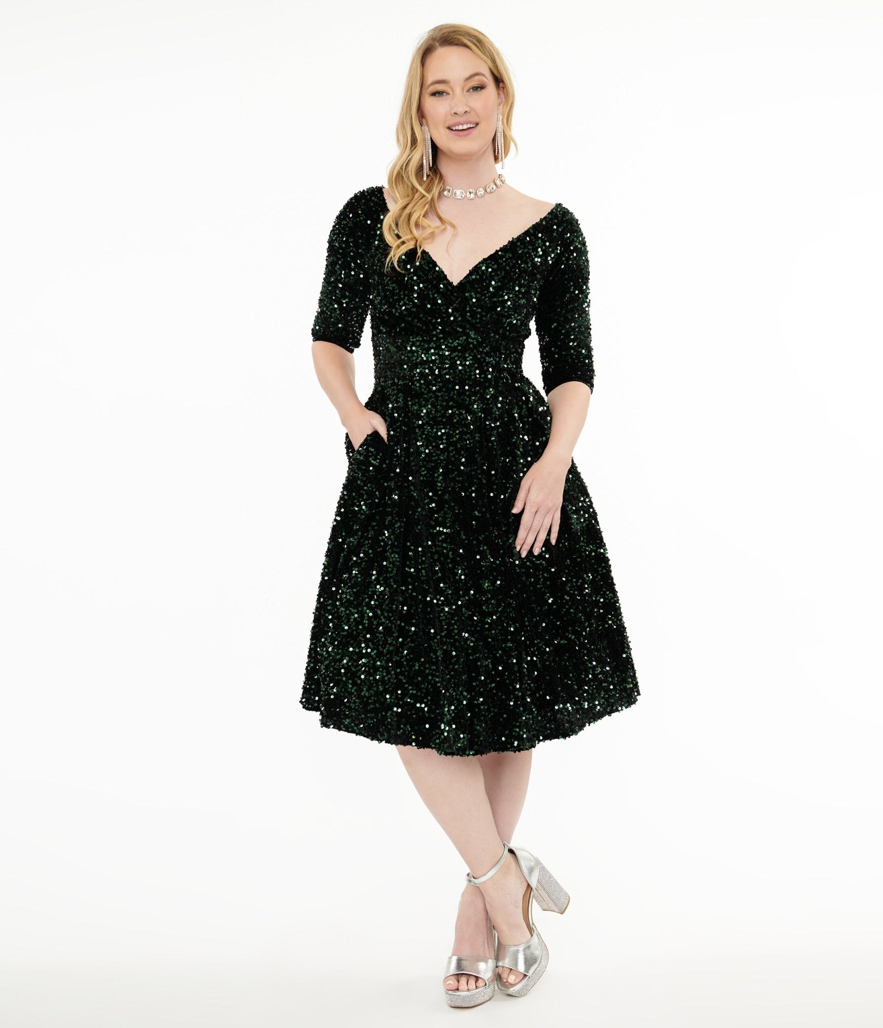 Vintage 1950s Green Velvet Sequin Swing Dress - Retro Pinup Style for Parties, Weddings & Special Occasions