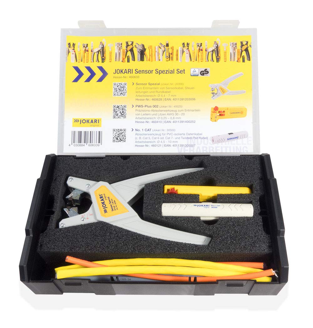 Jokari 3-Piece Cable Processing Set - Wire Stripper Pliers & Precision Stripping Tool for Sensor Cables, Conductors, Strands & Data Cables (Model 460633) - Ideal for Electricians, DIY Projects & Network Installations