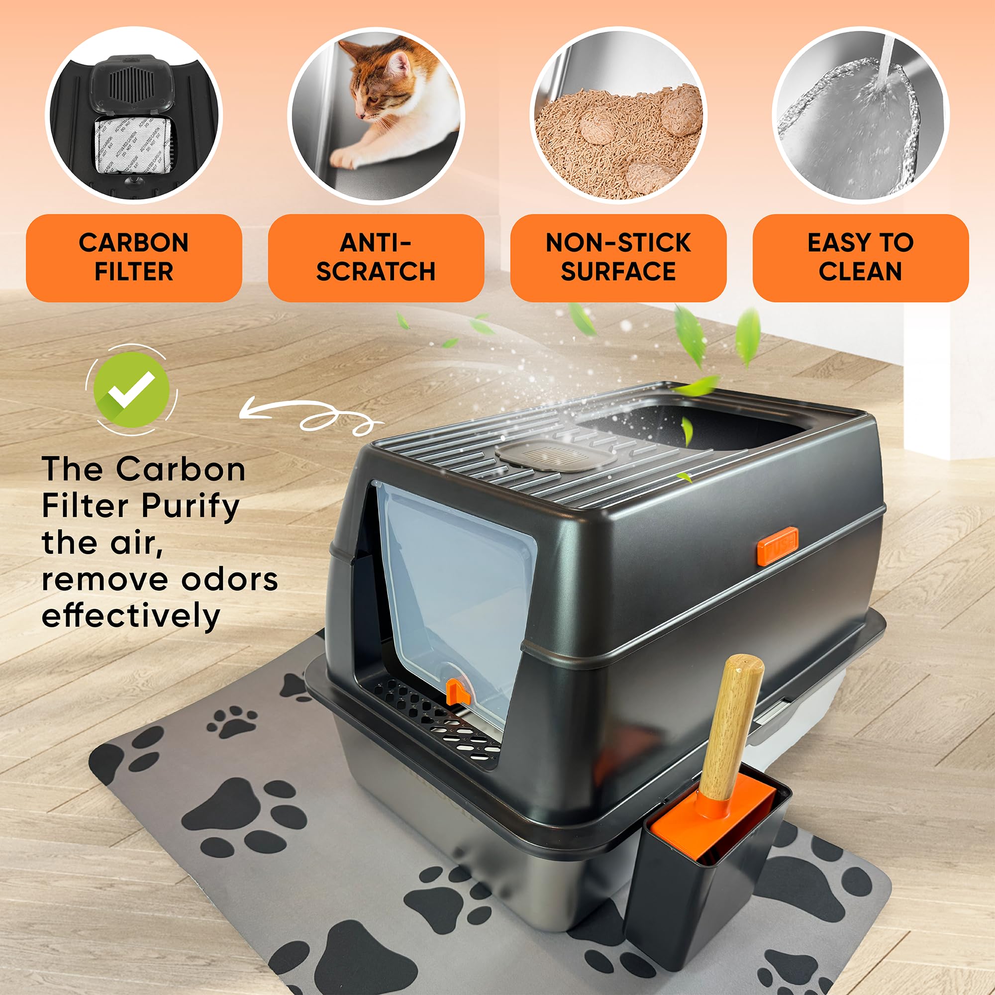 Premium Stainless Steel Cat Litter Box with Lid - Large Top Entry Covered Litter Box with Scoop, Pedal & Anti-Slip Mat - Odor Control, Non-Stick Surface - Ideal for Indoor Cats, Multi-Cat Homes & Small Spaces (Black)