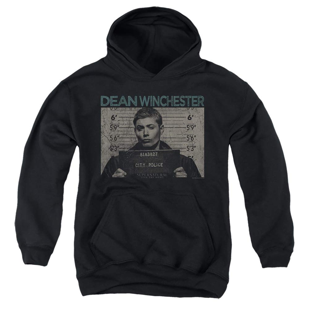Supernatural Kids Hoodie - Dean Winchester Mug Shot Black Hooded Sweatshirt for Boys & Girls - Perfect for Halloween, Cosplay & TV Show Fans