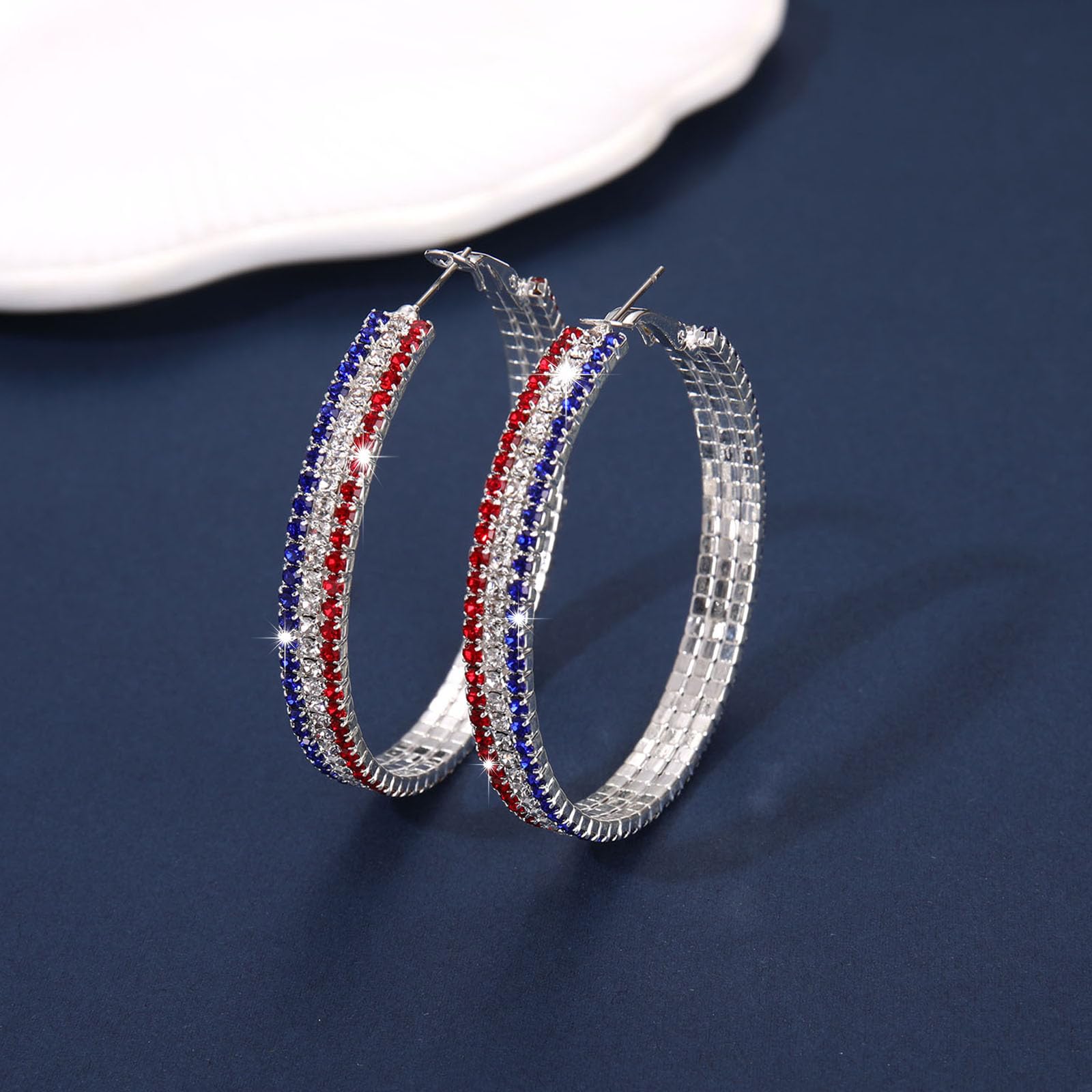 Sparkling Patriotic 4th of July Earrings - Red White & Blue Rhinestone Hoop Earrings with Glitter Crystals | Stainless Steel American Flag Jewelry for Women | Perfect for Independence Day Celebrations, Parties & Festive Outfits