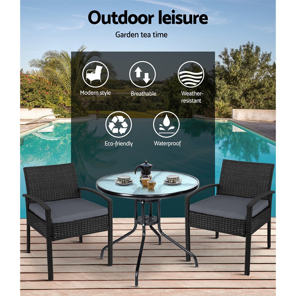 3-Piece Bistro Set Outdoor Patio Furniture - Rattan Table & Chairs with Cushions - Perfect for Garden, Balcony or Backyard Dining