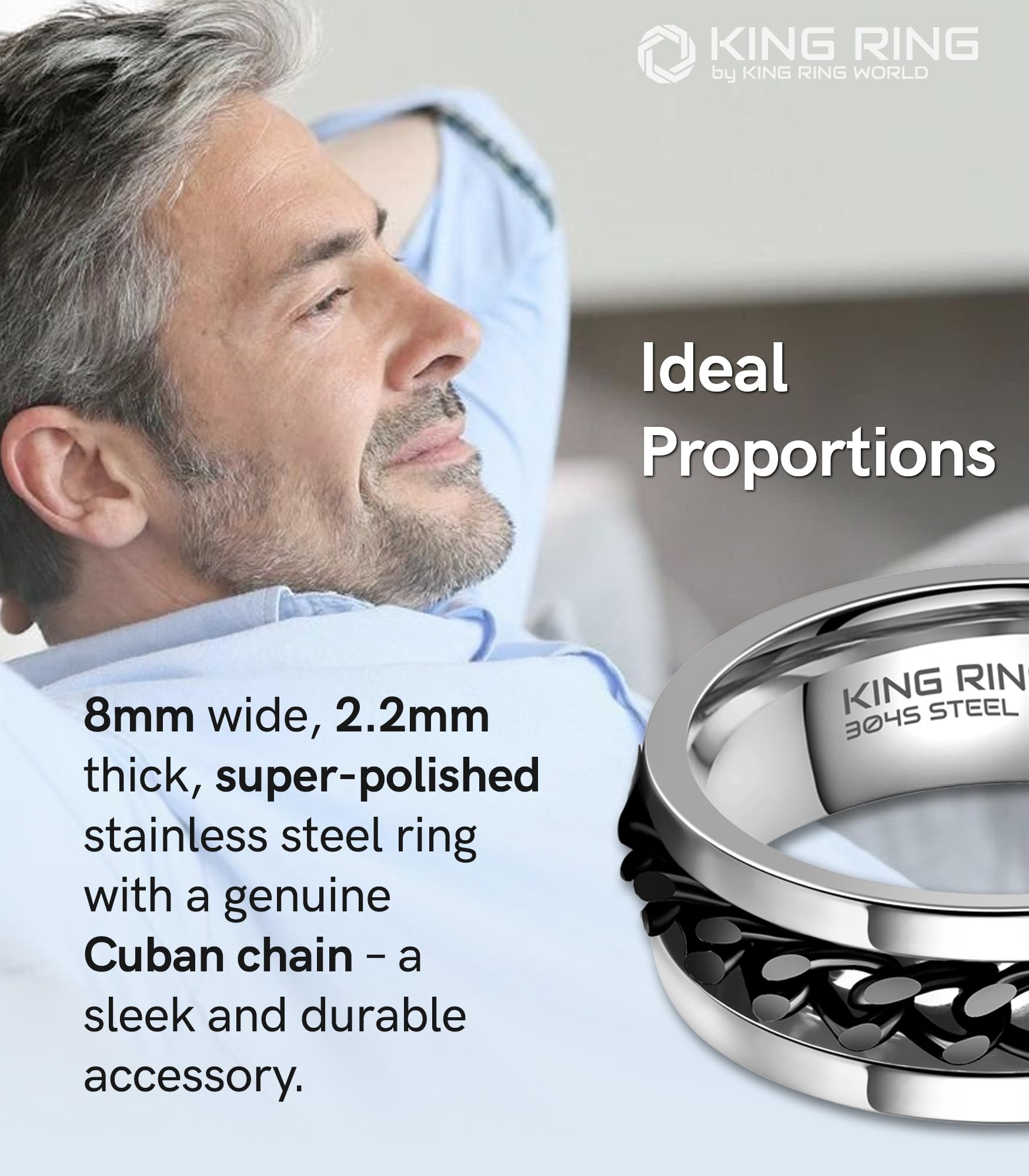 8mm Spinner Ring for Men & Women - Premium Polished Flat Fidget Ring with Cuban Chain - Stress Relief & Anxiety Relief Jewelry - Perfect for Office, Travel & Daily Wear - Designed in USA