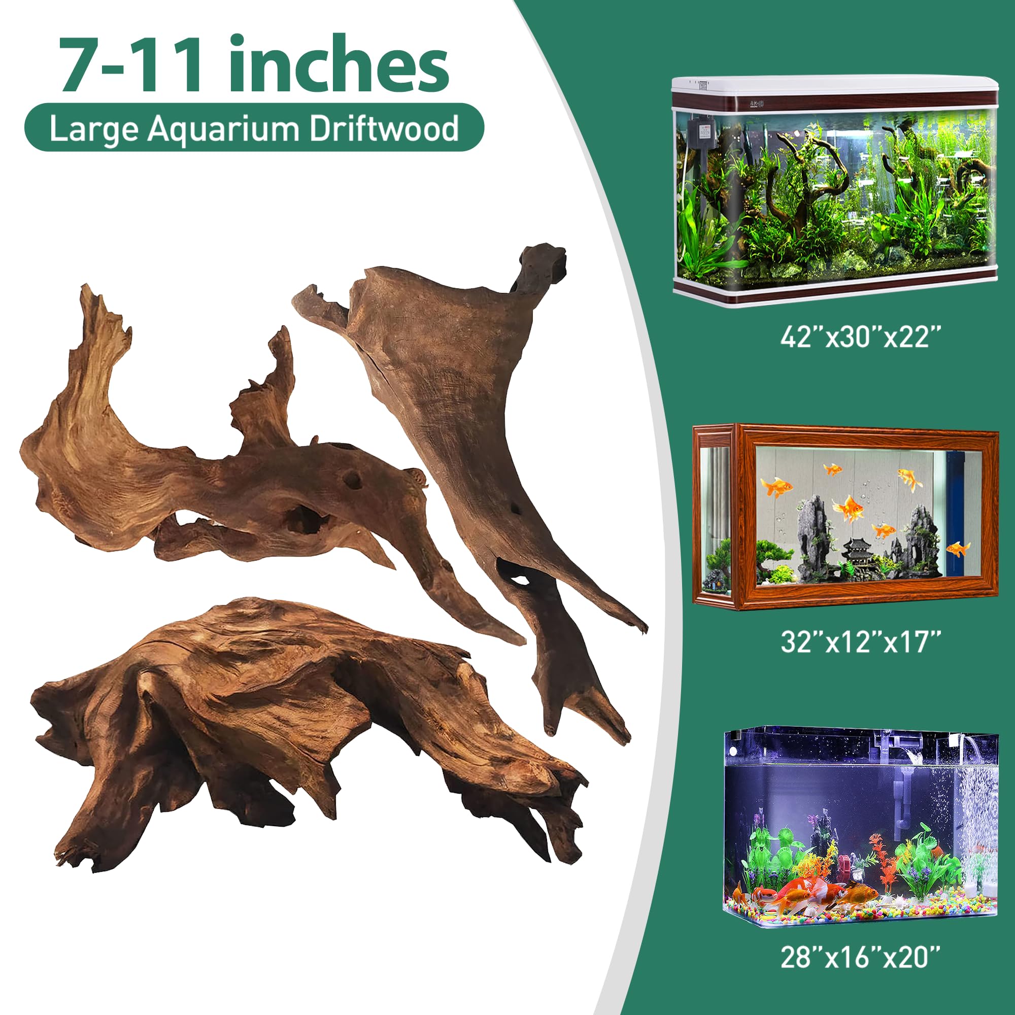 WDEFUN Natural Driftwood for Aquarium Decor - 3-Piece Set (7''-11'') Large Driftwood for Fish Tank, Reptile Terrarium & Air Plants - Perfect for Bearded Dragon Habitats, Aquascaping & Home Décor
