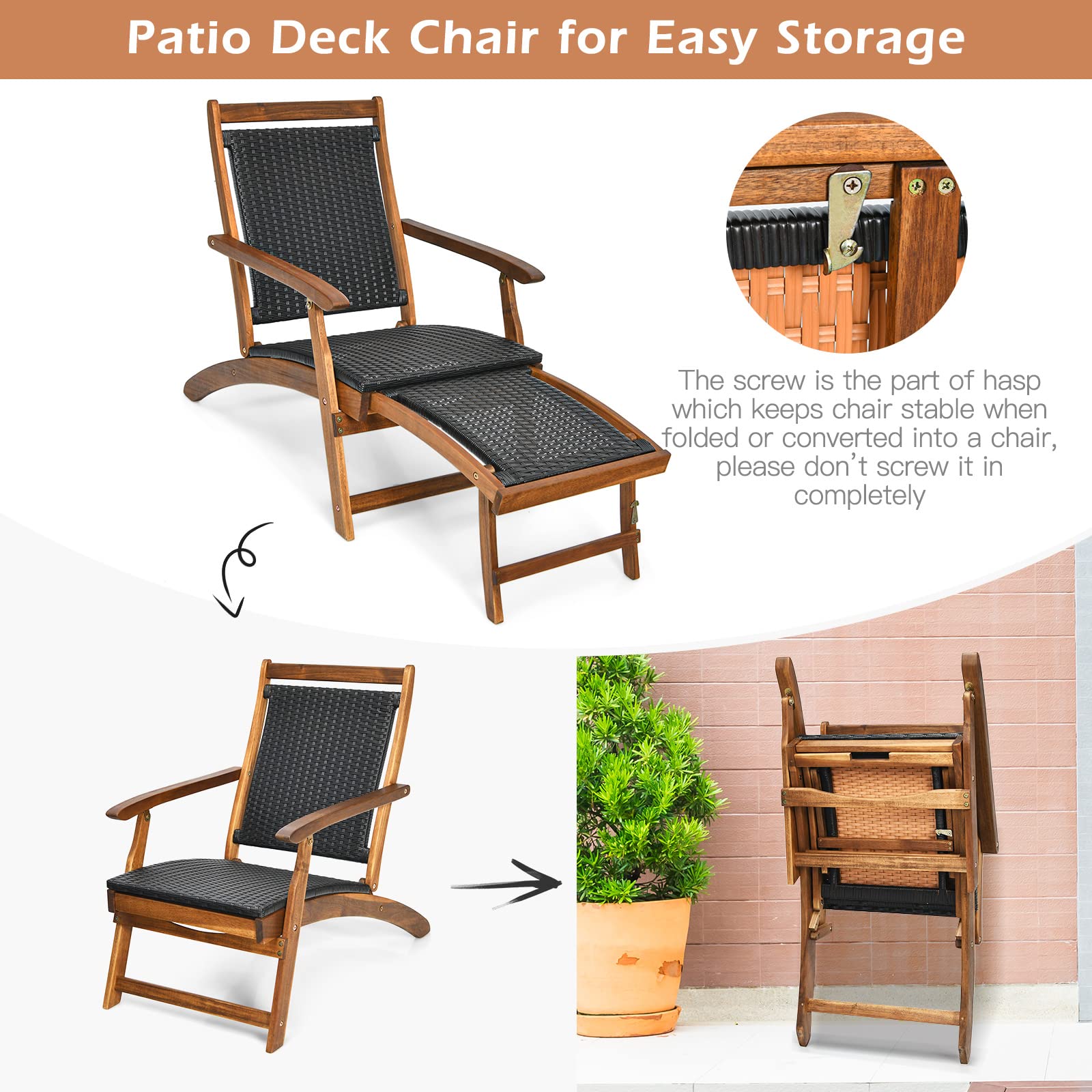**HAPPYGRILL Outdoor Chaise Lounge Chair with Adjustable Footrest - Acacia Wood & Rattan Wicker Folding Pool Chair - Portable Patio Lounger for Garden, Porch, Beach & Backyard Relaxation**
