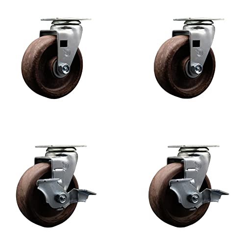 5 Inch Swivel Top Plate Caster Set with 2 Inch High-Temp Glass-Filled Nylon Wheels - Bronze Bearing - 1800lbs Capacity - Includes 2 Locking & 2 Swivel Casters - Heavy Duty Furniture Casters for Office Chairs, Industrial Equipment, and Hospital Beds