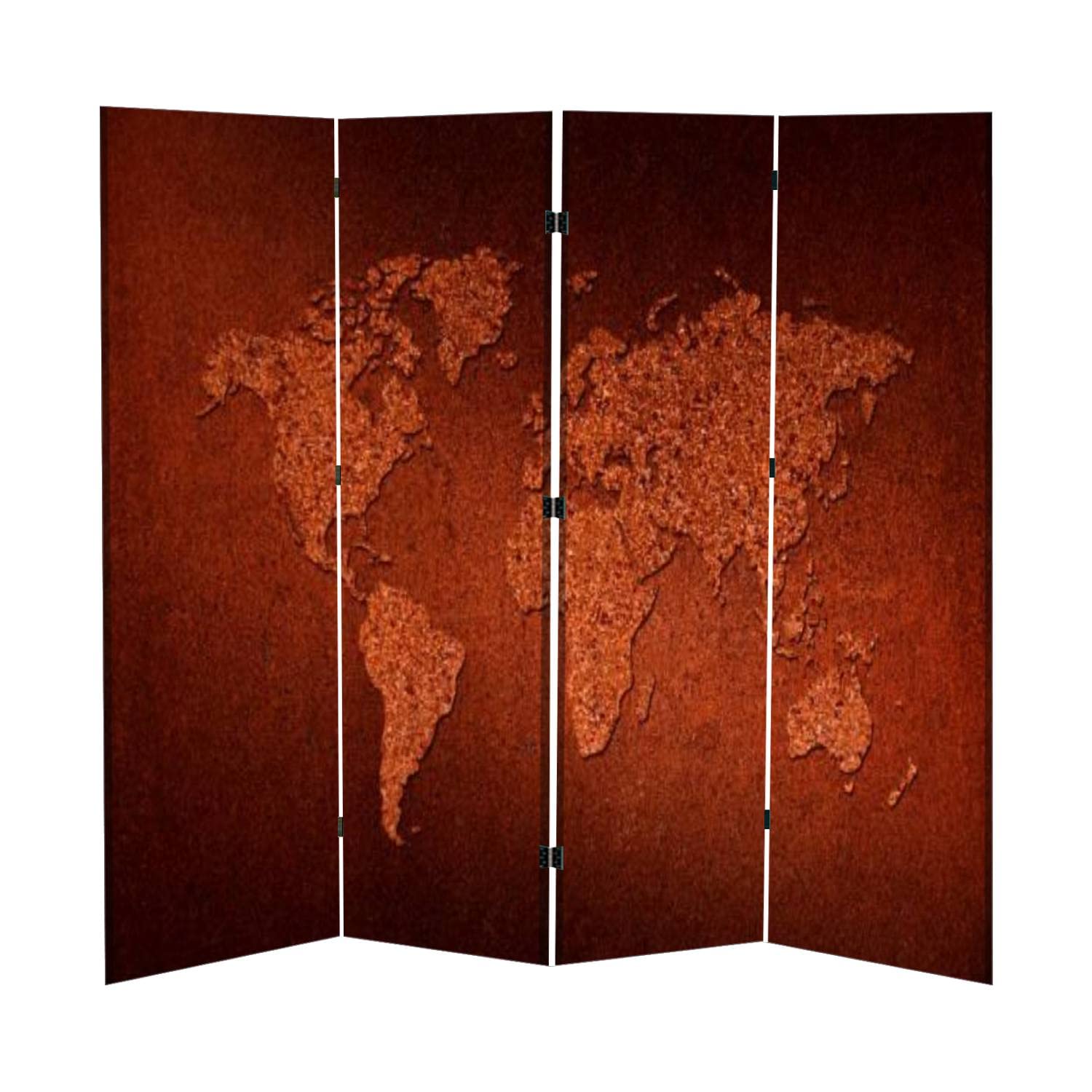 4-Panel Folding Room Divider with World Map Design - Corten Steel Freestanding Privacy Screen for Home, Office & Bedroom | Portable Space Separator for Living Rooms, Studios & Dorms