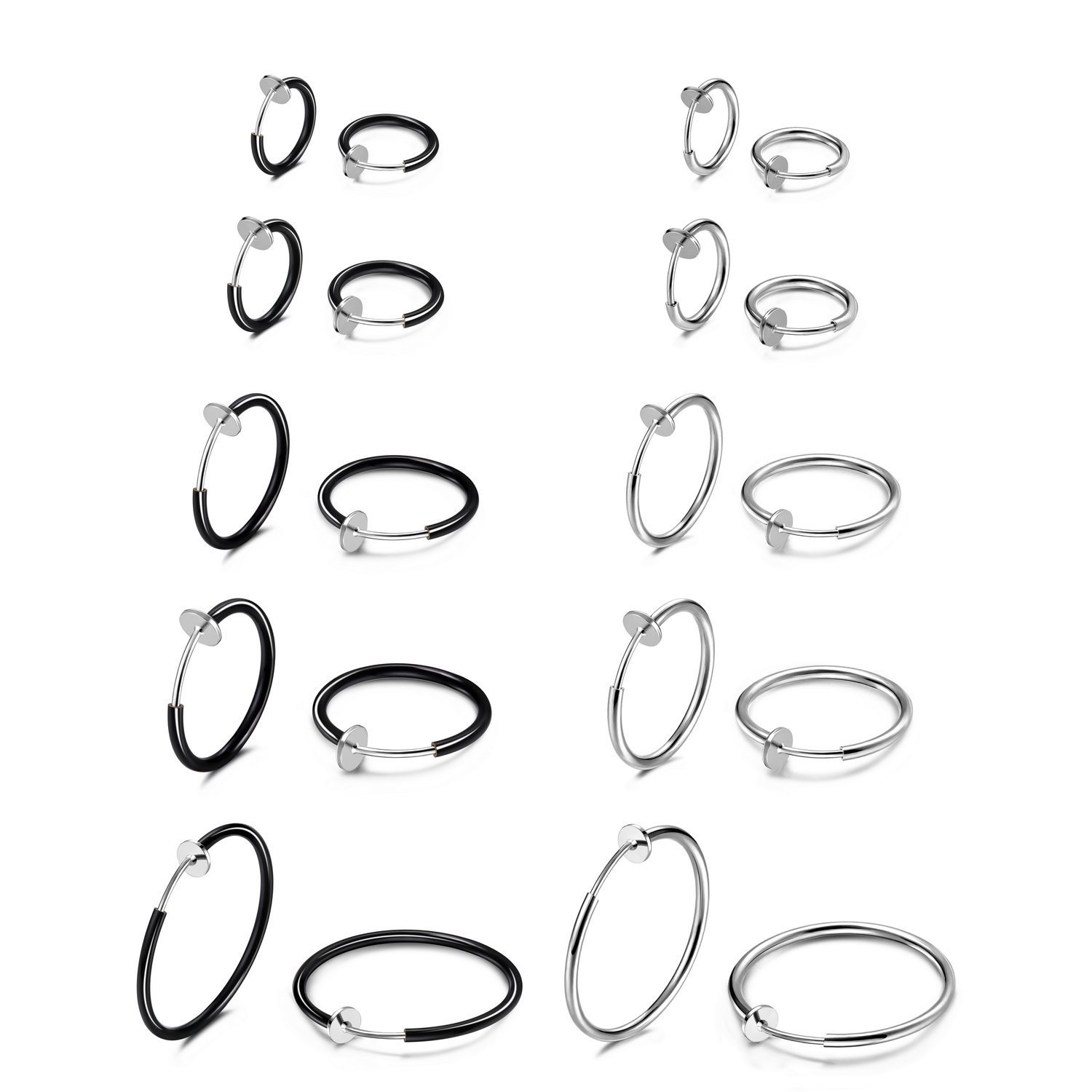 Non-Piercing Fake Nose Ring & Hoop Earrings Set - 10 Pairs Clip-On Septum Rings & Spring Endless Hoops for Women & Men (13mm-25mm, Black/Silver/Gold/Rose Gold) - Perfect for Costume Parties, Halloween, Cosplay & Everyday Fashion Accessories