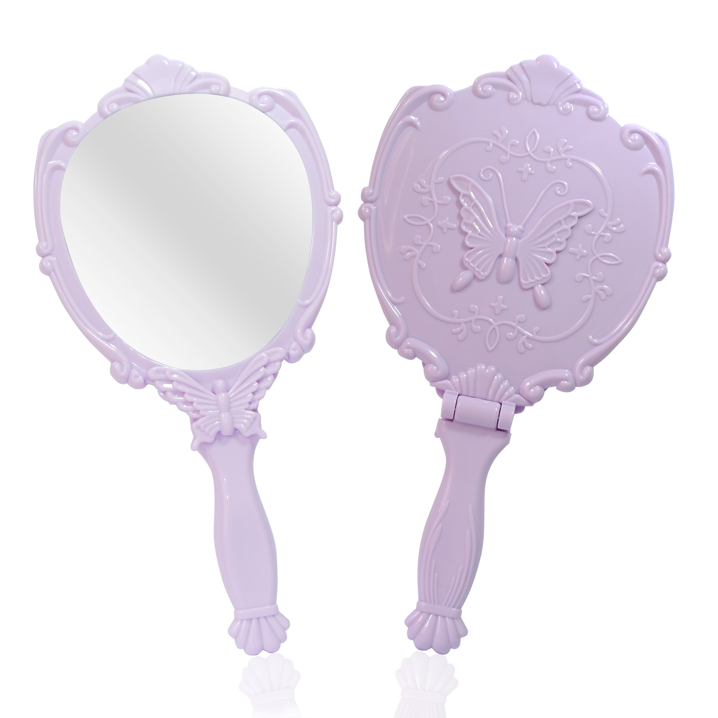 Embossed Butterfly Handheld Mirror with Folding Handle - Elegant Purple Princess Style Vanity Mirror for Girls | Perfect for Makeup, Travel & Bedroom Decor