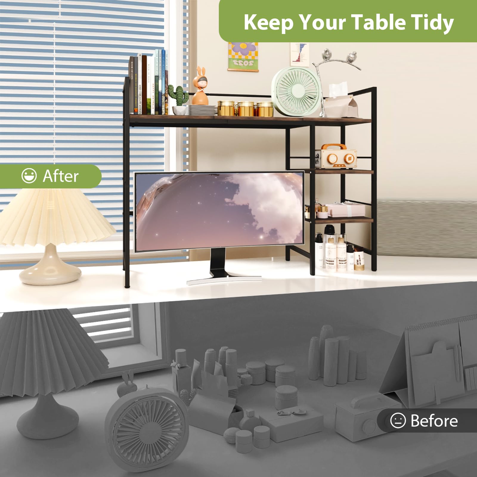 38.5 Inch Adjustable Desk Shelf Organizer - 3 Tier Rustic Computer Monitor Stand & Bookshelf Storage Rack for Office & Home Workspace (Perfect for Monitor Elevation, Book Display & Office Supplies Organization)