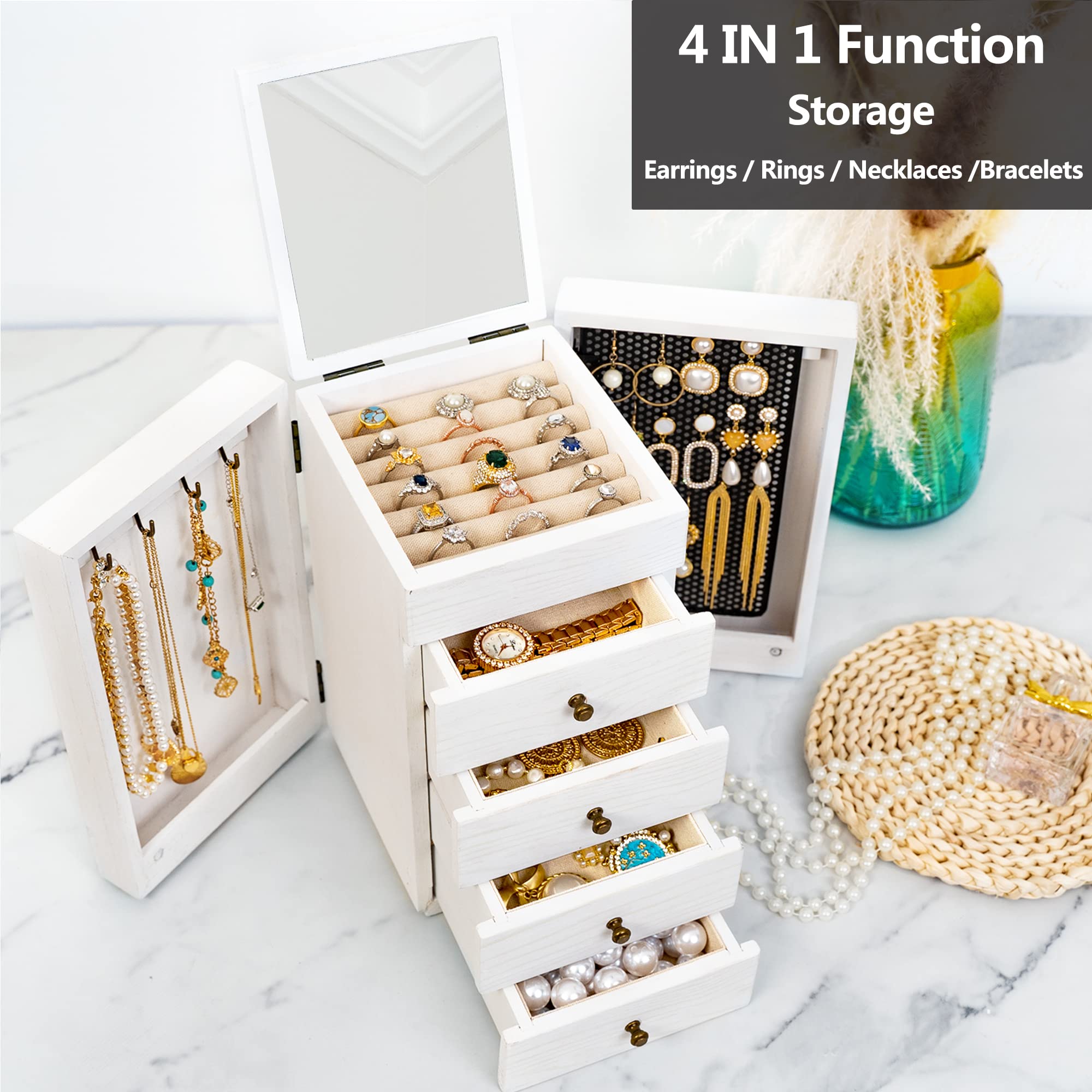 Meangood 5-Layer Wooden Jewelry Organizer Box with Mirror & 4 Drawers - Large Storage for Rings, Earrings, Necklaces (White) - Perfect for Women's Bedroom Vanity, Dresser & Travel Jewelry Organization