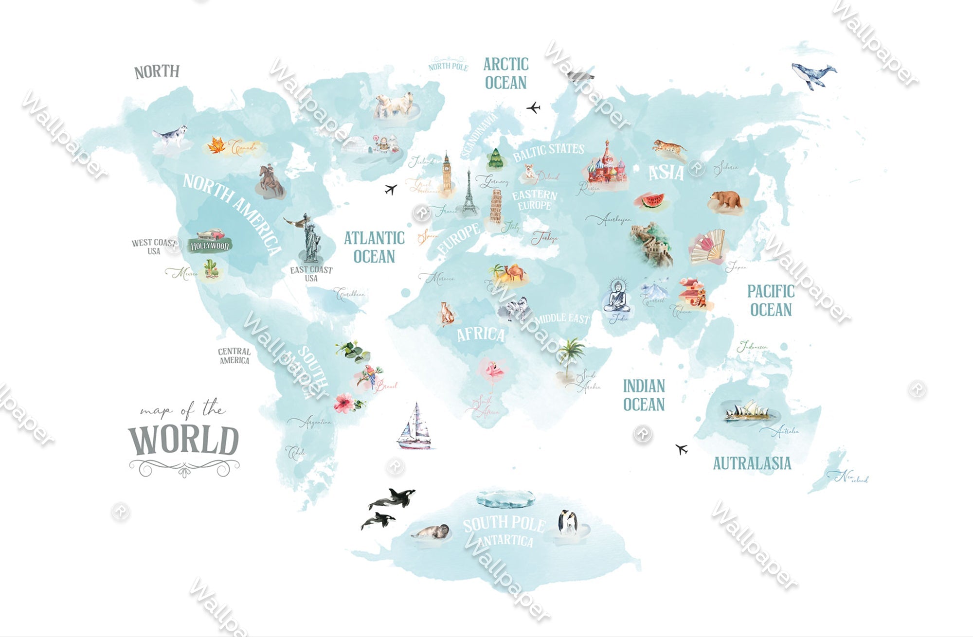 Blue World Map Wallpaper Mural for Kids Room Decor - Perfect for Nursery, Playroom & Classroom Learning Spaces
