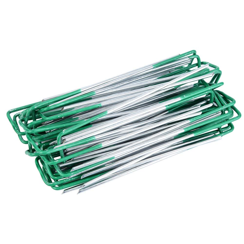 100pcs Galvanized Metal U-Shaped Sod Staples for Artificial Grass Turf - Half Green Landscape Pegs for Garden, Lawn & Weed Control - Perfect for Securing Grass, Ground Cover & Outdoor Decor