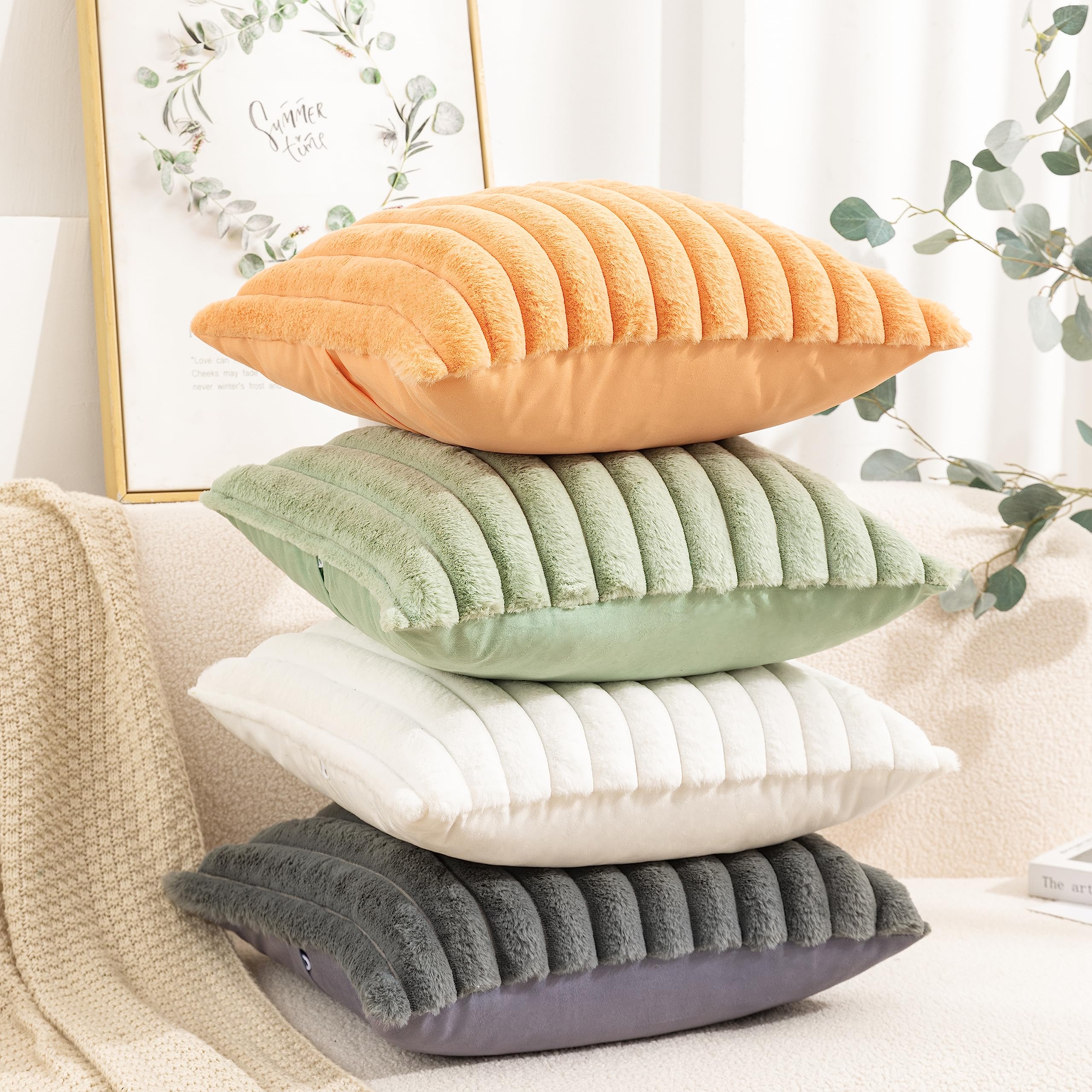 Luxury Faux Fur Throw Pillow Cover Set of 2 - Super Soft Fuzzy Striped Pillowcase for Sofa, Couch & Bedroom - 18x18 Inch (45cm) White - Perfect for Home Decor, Living Room Accent & Cozy Winter Nights