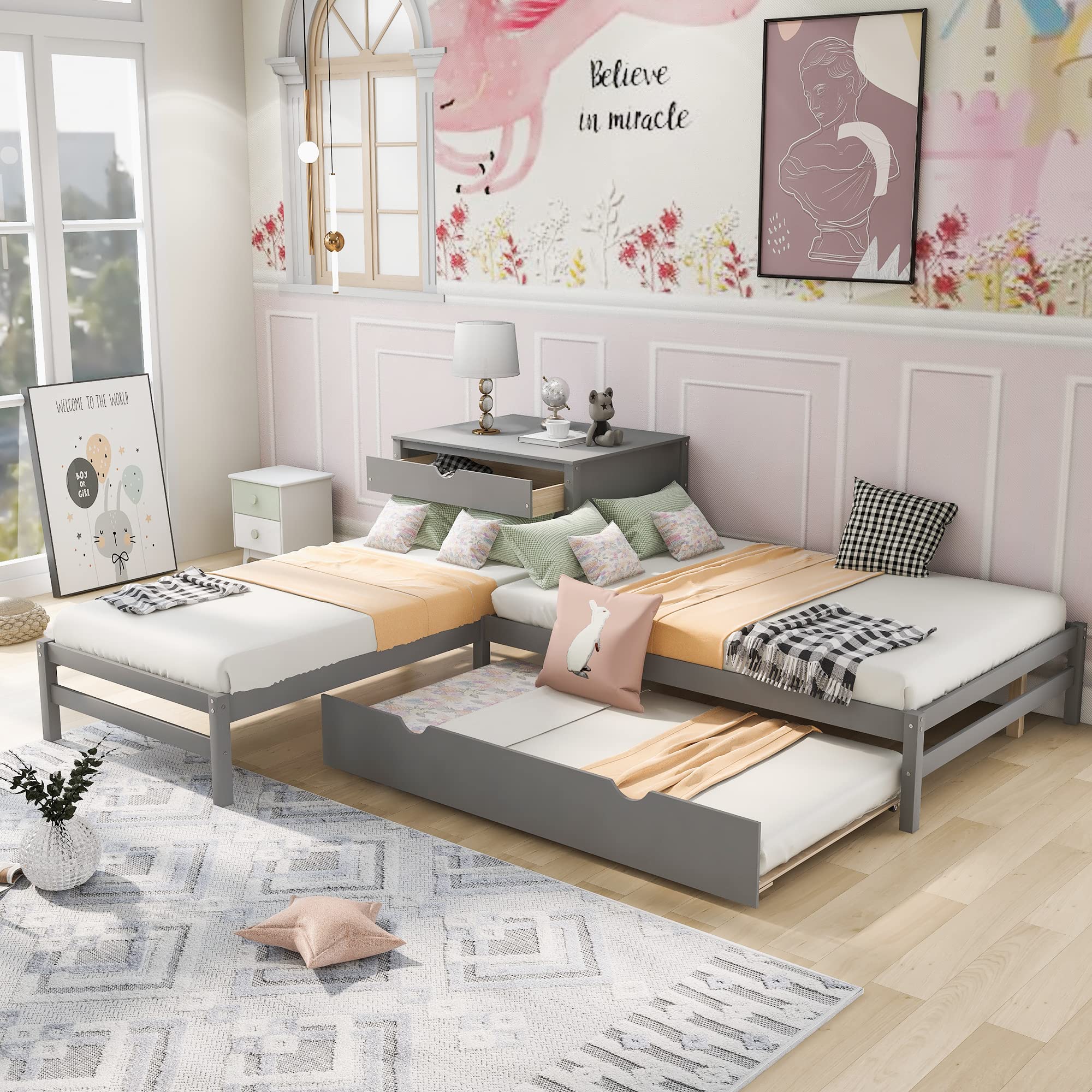 P PURLOVE L-Shaped Wooden Platform Bed Frame with Twin Trundle & Built-in Rectangle Table - Full/Twin Size, No Box Spring Needed, Gray - Perfect for Small Bedrooms, Guest Rooms & Studio Apartments