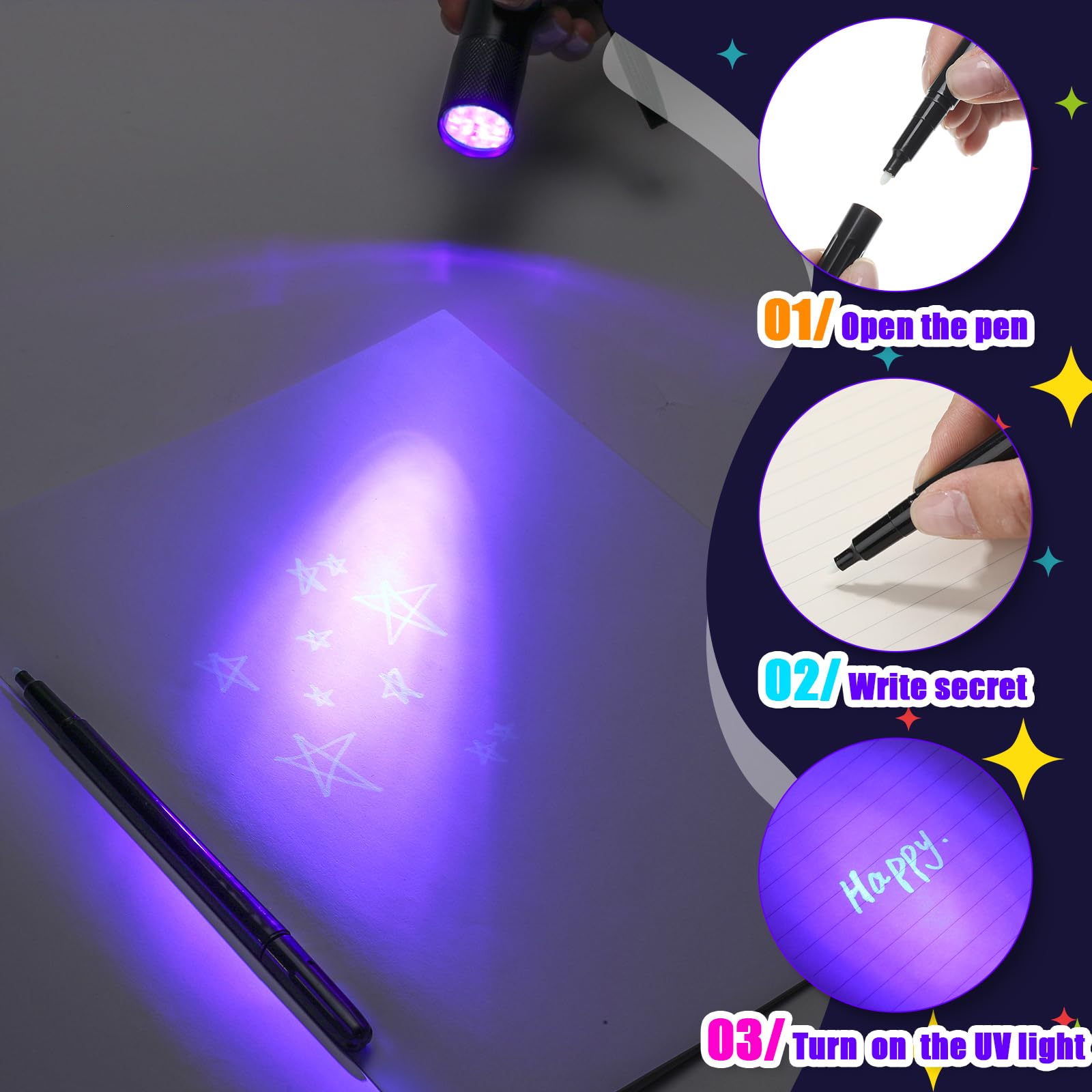 Tegeme 10-Piece UV Invisible Ink Pen Set with Blacklight Flashlights - Spy Secret Writing Kit for Kids, Party Favors & Christmas Gifts | Perfect for Secret Messages, Treasure Hunts & Nighttime Adventures