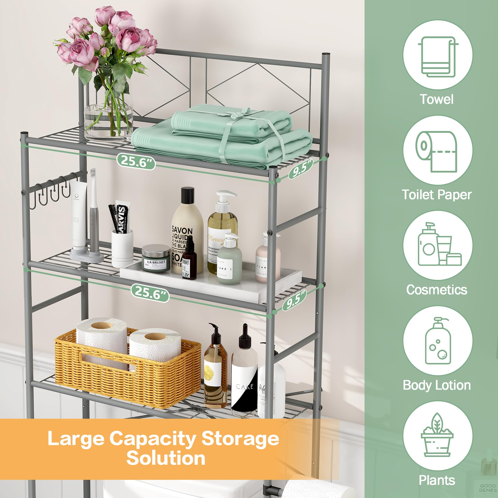 MallBoo 3-Tier Over The Toilet Storage Shelf - Freestanding Bathroom Organizer with X-Shaped Bar, Space Saving Shelf for Towels, Toiletries & Decor - Perfect for Small Bathrooms, Apartments & Dorm Rooms (Grey)