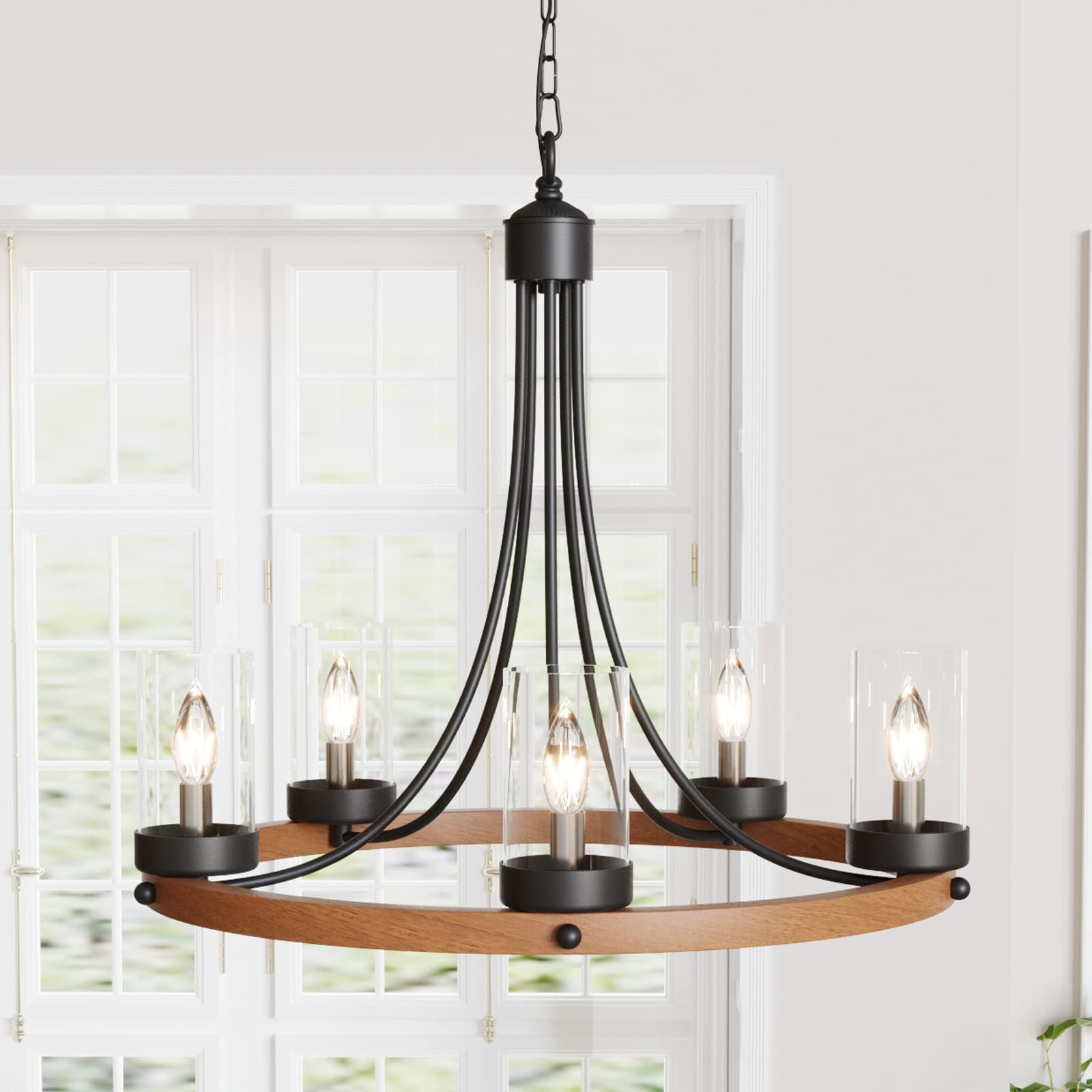 Maxax 5-Light Rustic Farmhouse Wagon Wheel Chandelier - Adjustable Wooden Ceiling Light with Clear Glass Shades, E12 Base - Perfect for Kitchen Island, Dining Room & Living Room Lighting Decor