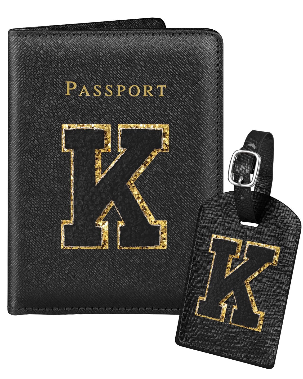 Personalized Leather Passport Holder & Luggage Tag Set for Women - Slim Travel Wallet, Card Protector, and Organizer with Initial Monogram - Perfect for Airplane Trips, Vacations, and Business Travel (Black)