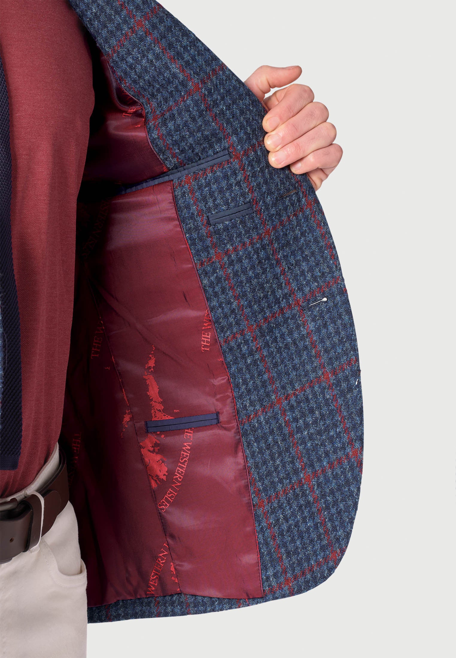 Stylish Perth Navy Houndstooth with Wine Overcheck Harris Tweed Jacket | Classic Wool Blazer for Men & Women | Perfect for Office, Weddings & Fall Fashion