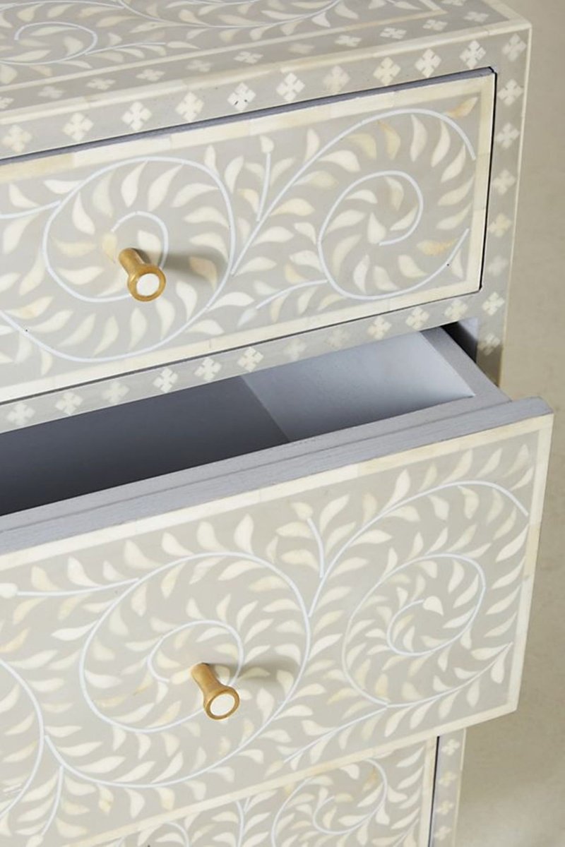 Handmade Bone Inlay Floral Design Grey Three-Drawer Dresser - Perfect for Bedroom, Living Room, or Guest Room Storage