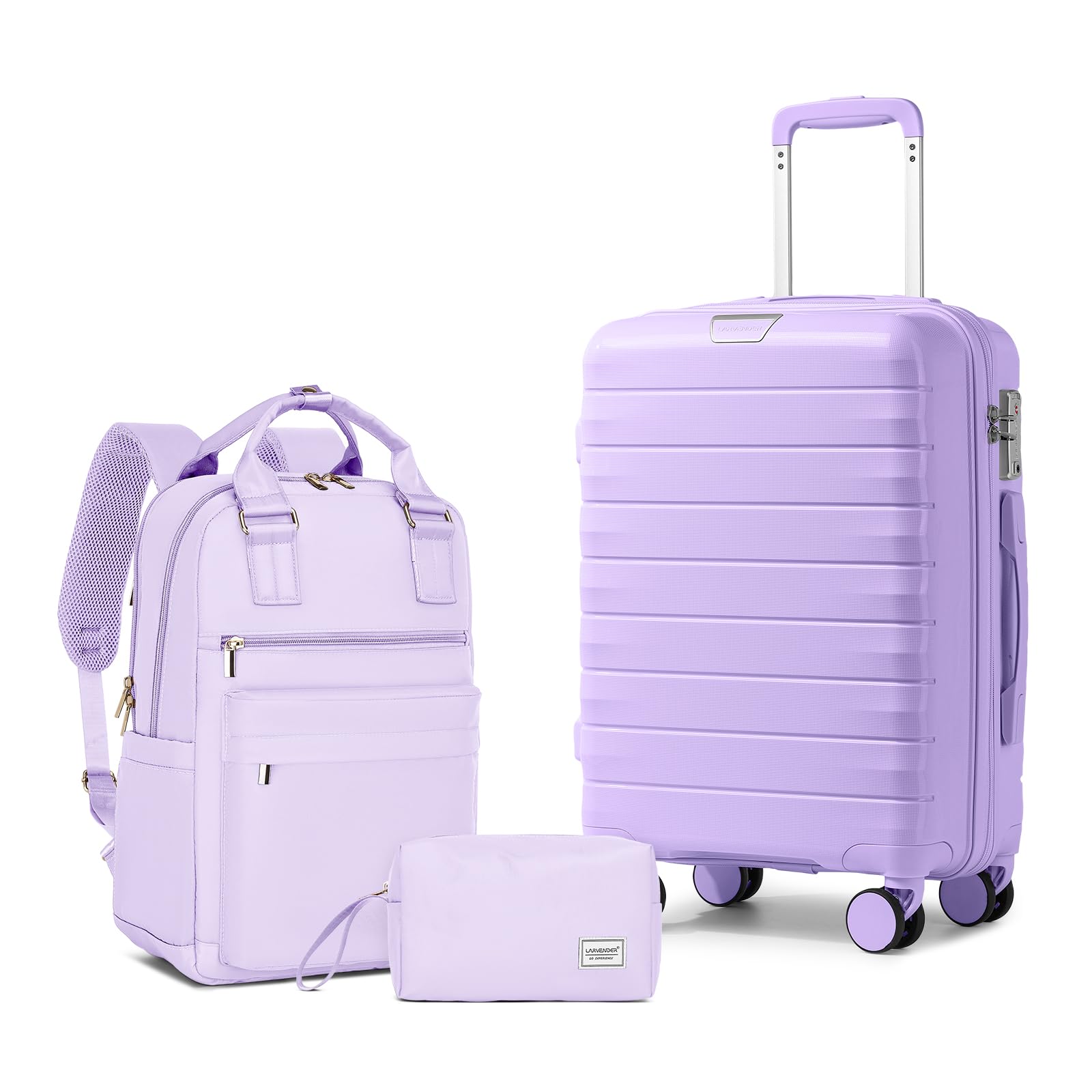 3-Piece Lavender Luggage Set with Travel Backpack - Hardside PP Carry-On Suitcase, 360° Spinner Wheels & TSA Lock - Perfect for Women's Travel, Business Trips & Vacations