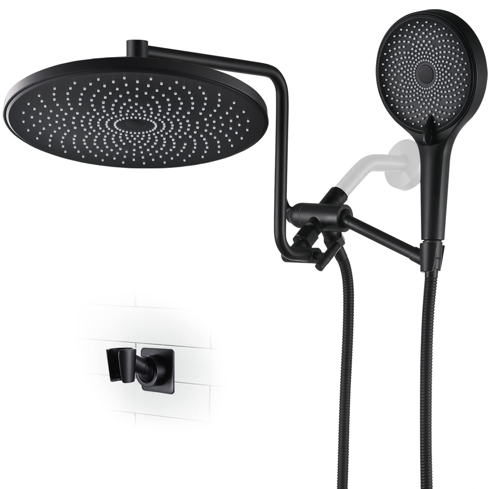 10 Inch High Pressure Rainfall Shower Head with Handheld Combo - 12 Inch Adjustable Extension Arm, Powerful Spray, Brass Holder & Extra Long Hose in Matte Black - Perfect for Spa-Like Bathroom Experience & Modern Home Upgrade