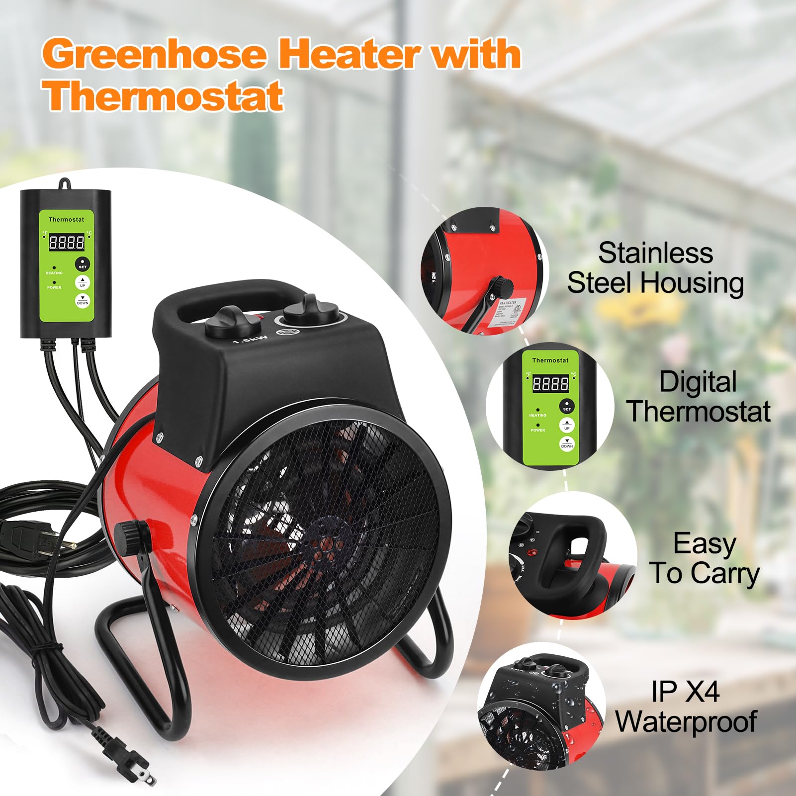 Digital Thermostat Greenhouse Heater - 1500W Fast Heating Grow Tent Heater with Overheat Protection, Perfect for Greenhouses, Garages, Flower Rooms & Outdoor Patios - Ideal for Winter Plant Growth & Space Heating