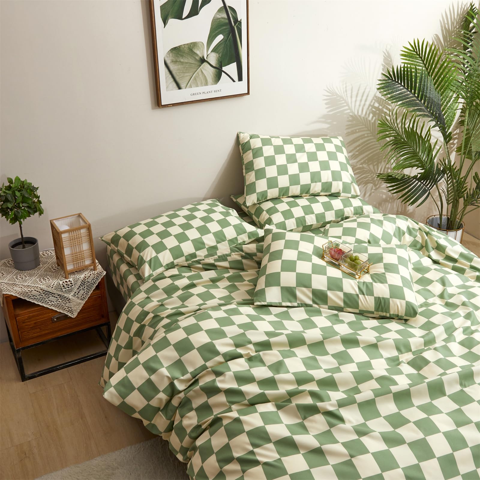 CLOTHKNOW Green White Plaid Comforter Set Twin 3Pcs - Soft Grid Bedding Set with Buffalo Check Pattern - Perfect for Kids' Rooms, Dorms & Cozy Bedrooms
